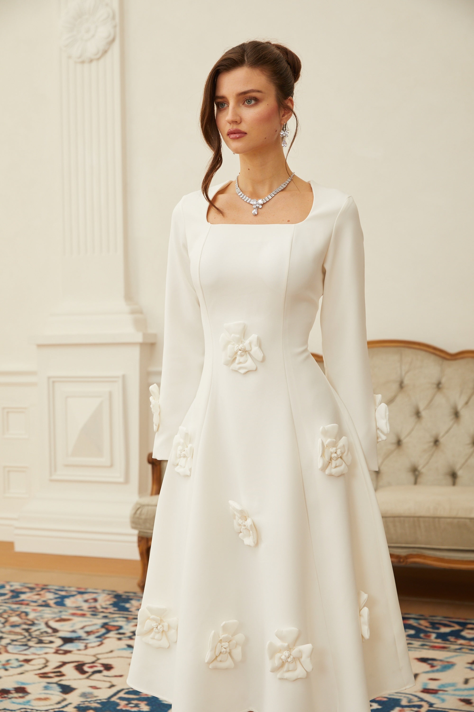 Estrid White 3D Petal Darted Midi Dress