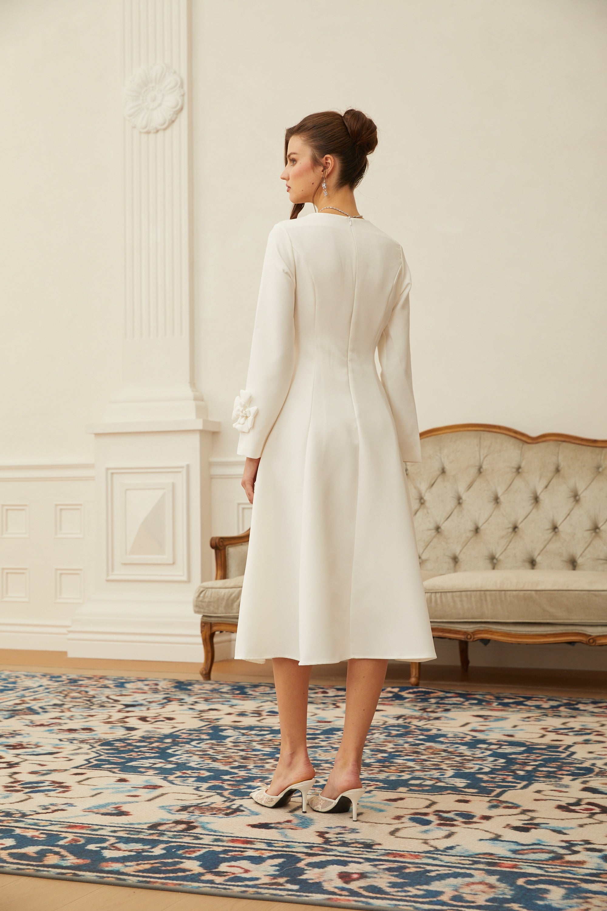 Estrid White 3D Petal Darted Midi Dress (Final Sale-US Only)