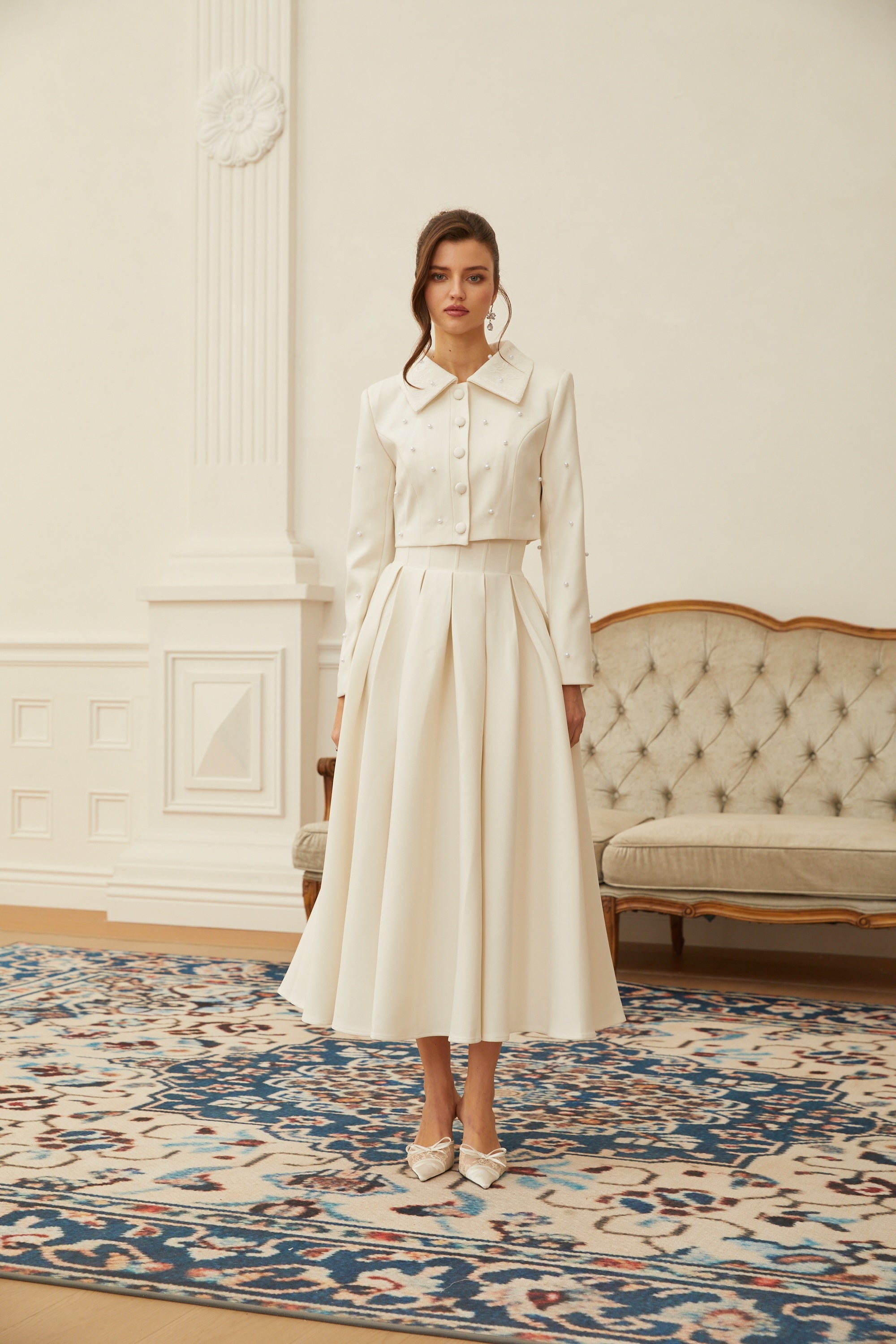 Maja White Faux Pearl Jacket & Pleated Skirt Set