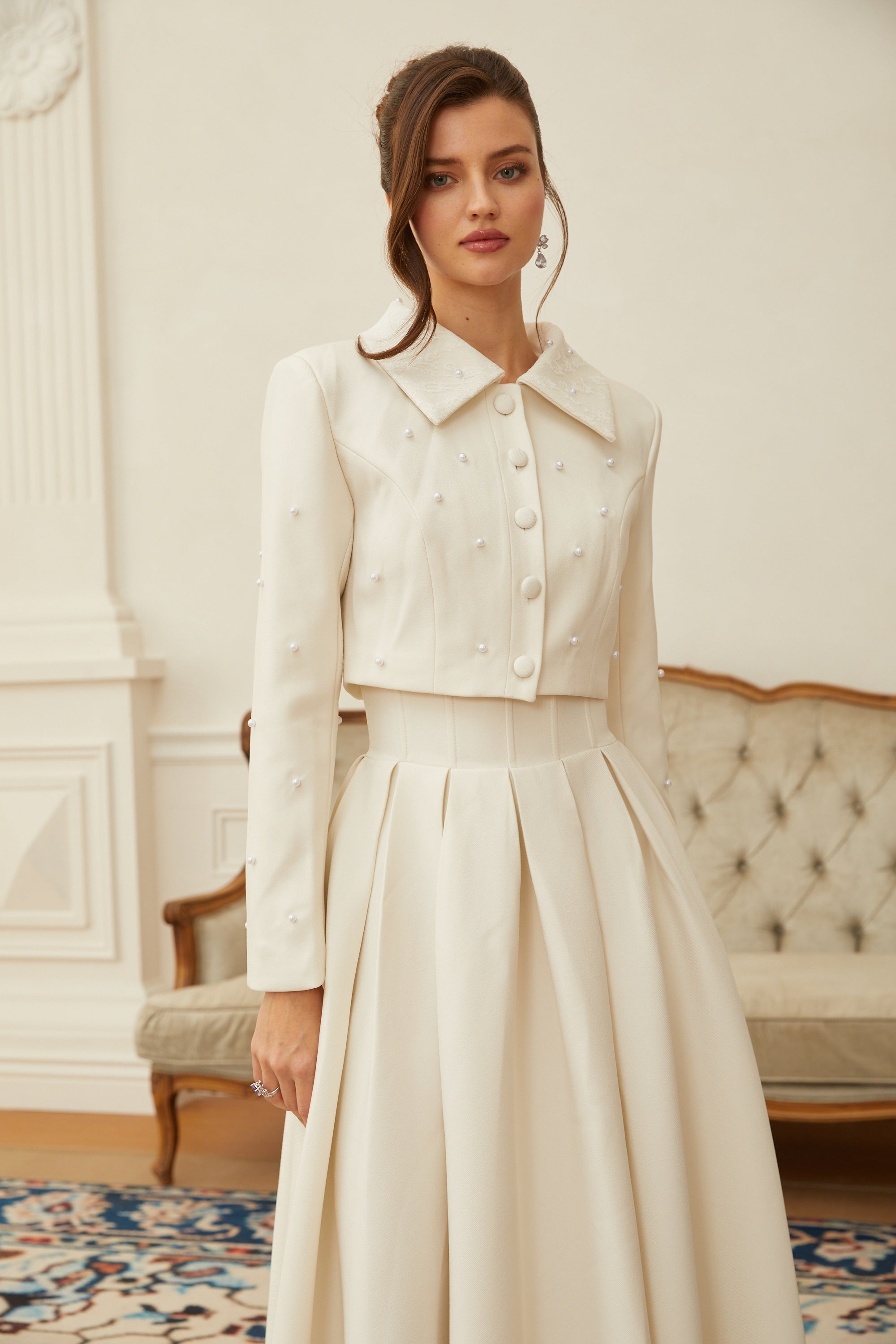 Maja White Faux Pearl Jacket & Pleated Skirt Set (Final Sale-US Only)