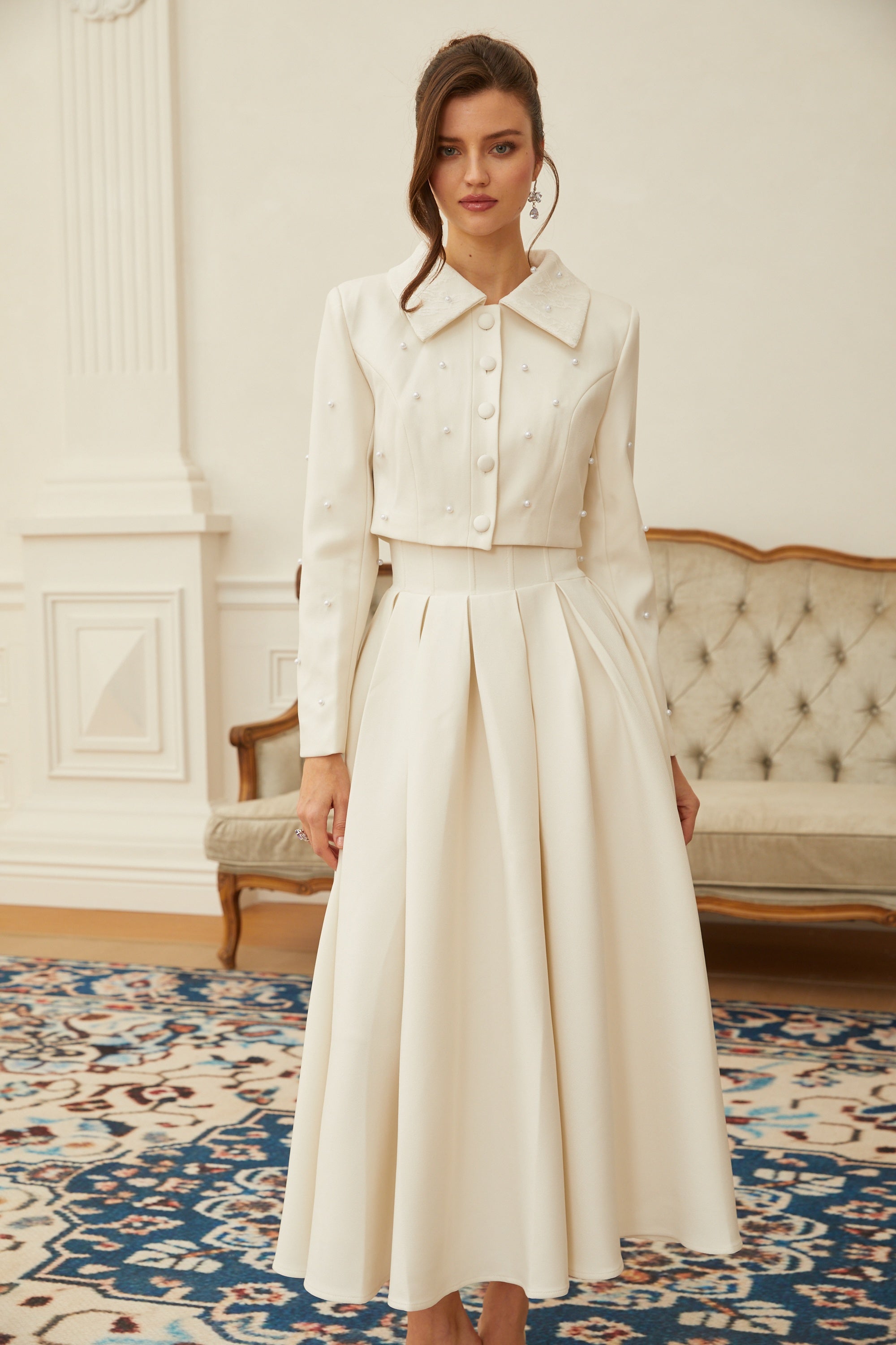 Maja White Faux Pearl Jacket & Pleated Skirt Set