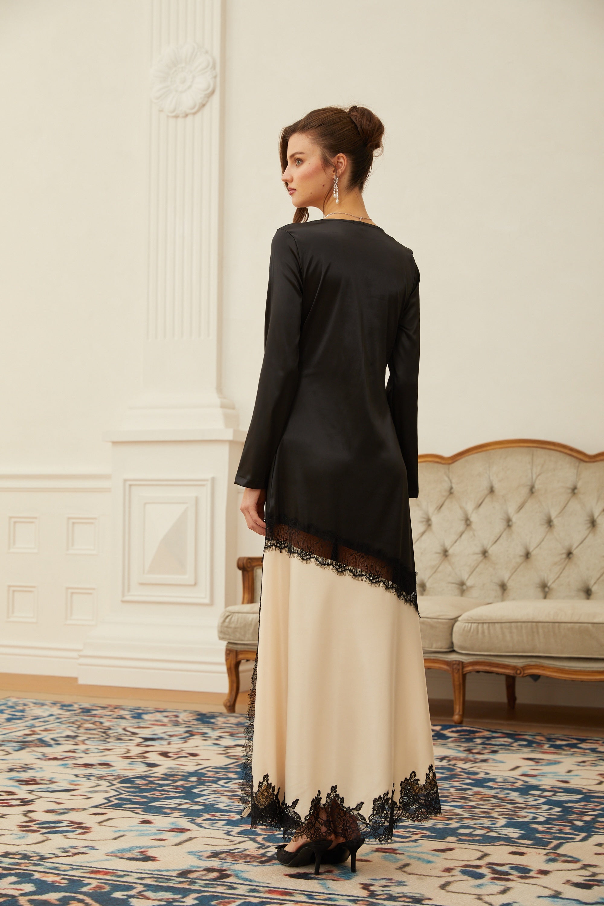Daniela Black Lace Panel Satin Midi Dress