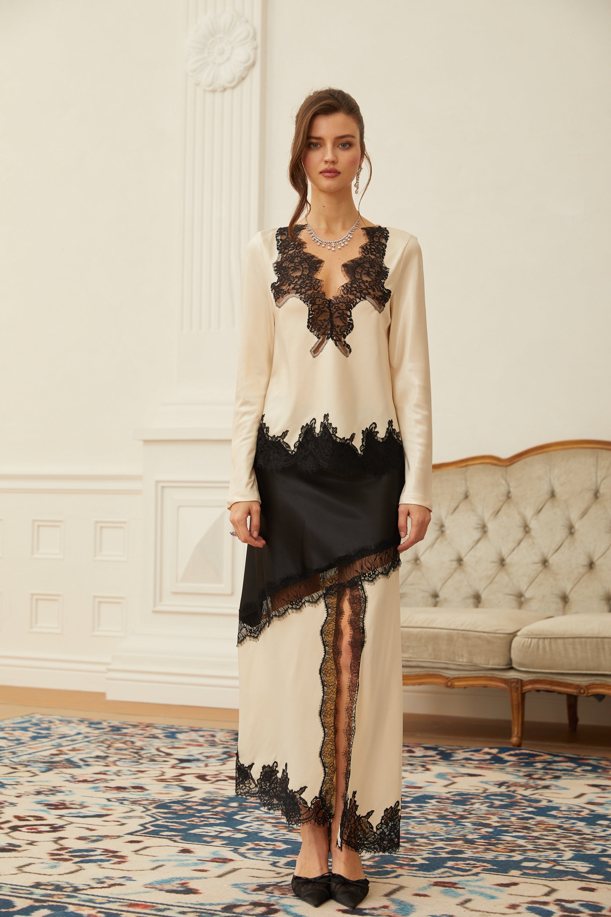 Raphaëlle Neutral Lace Panel Satin Blouse & Skirt Set