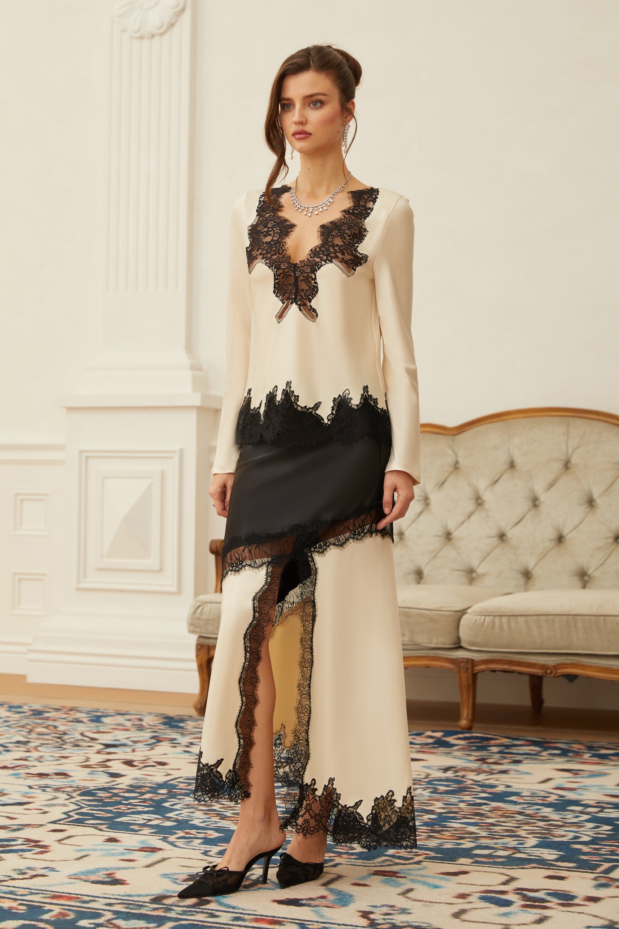 Raphaëlle Neutral Lace Panel Satin Blouse & Skirt Set
