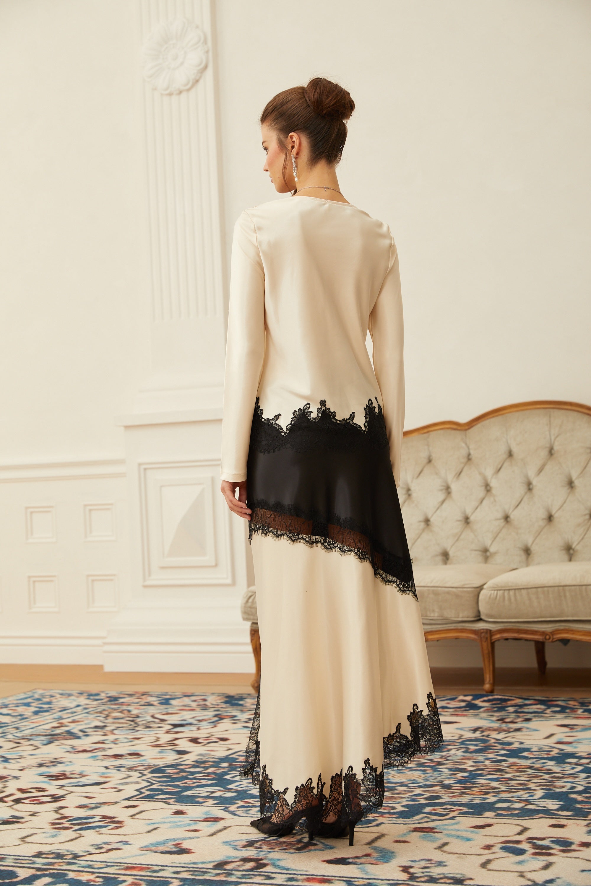 Raphaëlle Neutral Lace Panel Satin Blouse & Skirt Set