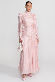 Ruched Long Sleeve Maxi Dress With Pleated Skirt - Blush Pink