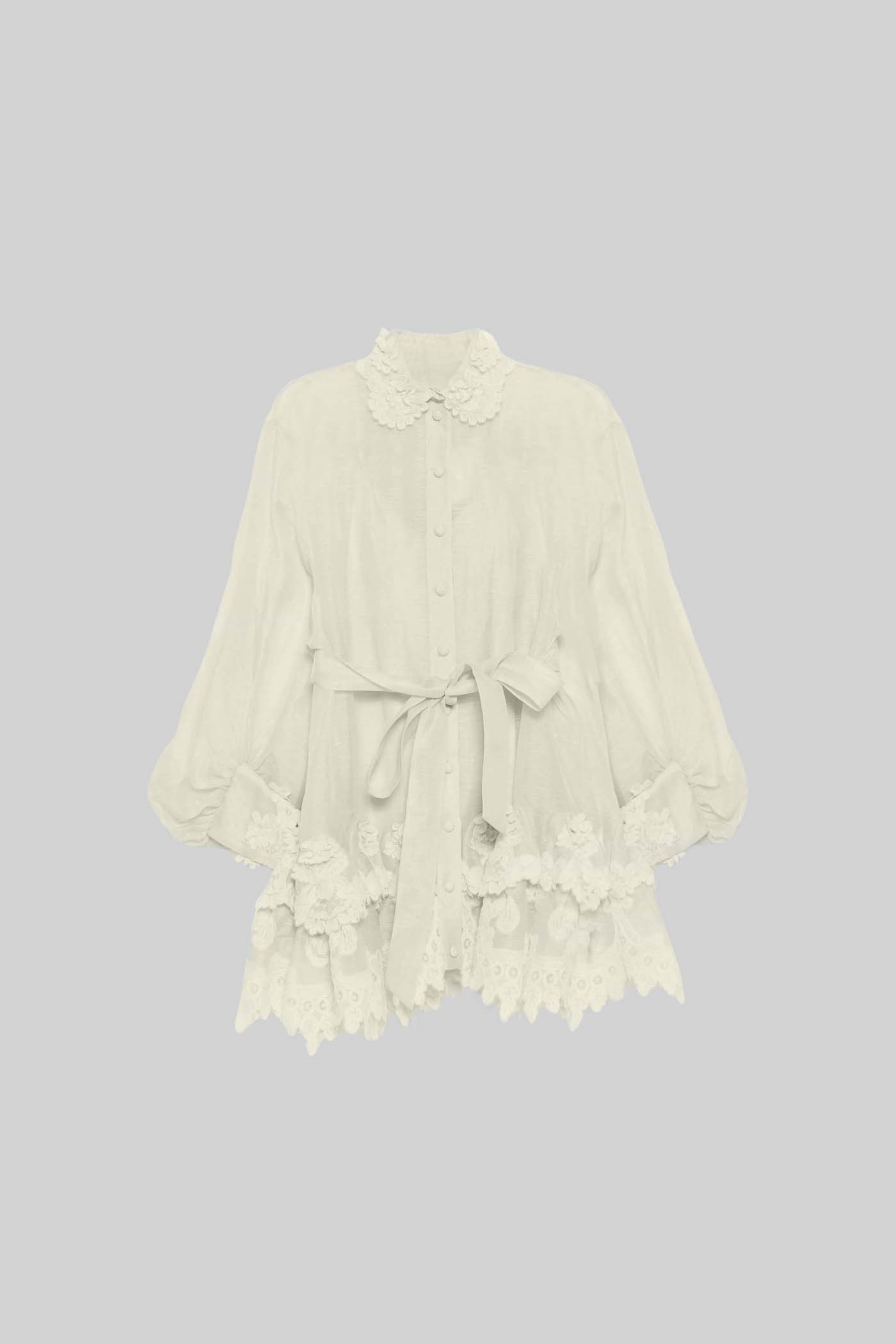 Long-Sleeved Sheer Dress With Tied Waist And Intricate Lace Hem - Ivoire