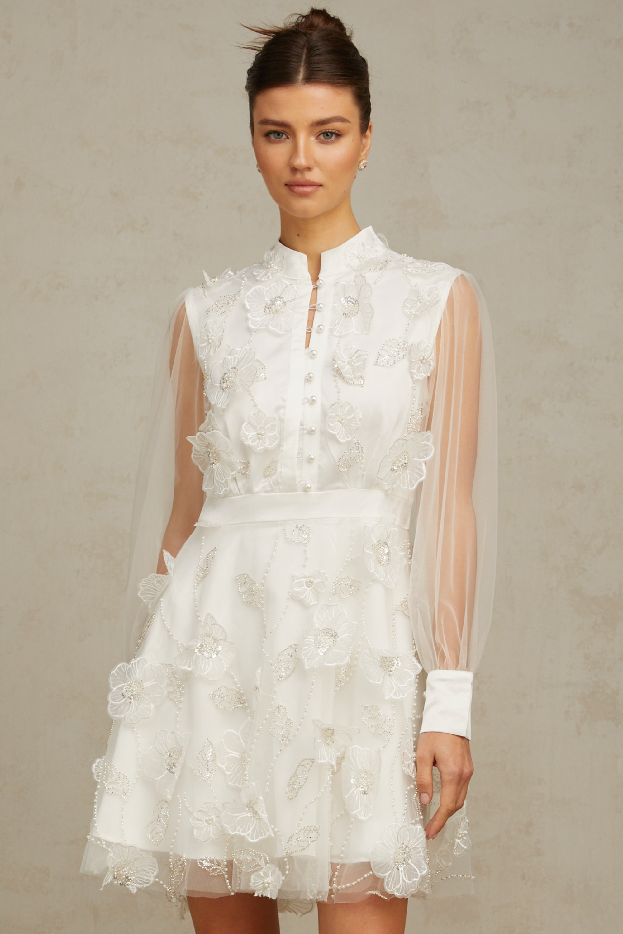 Camille white 3D-petal tulle mini dress (Final Sale)