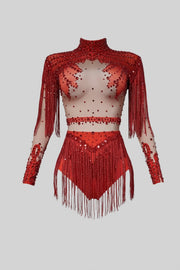 Fringed Bodysuit With Sparkling Sequin Embellishments – Red