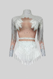 Fringed Bodysuit With Sparkling Sequin Embellishments – White