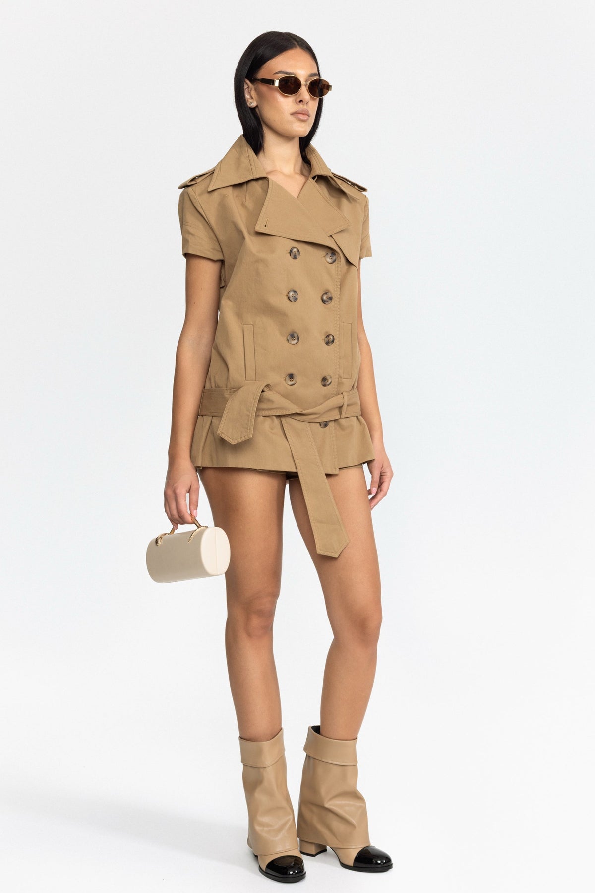 Belted Trench Top and Mini Shorts Set - Khaki