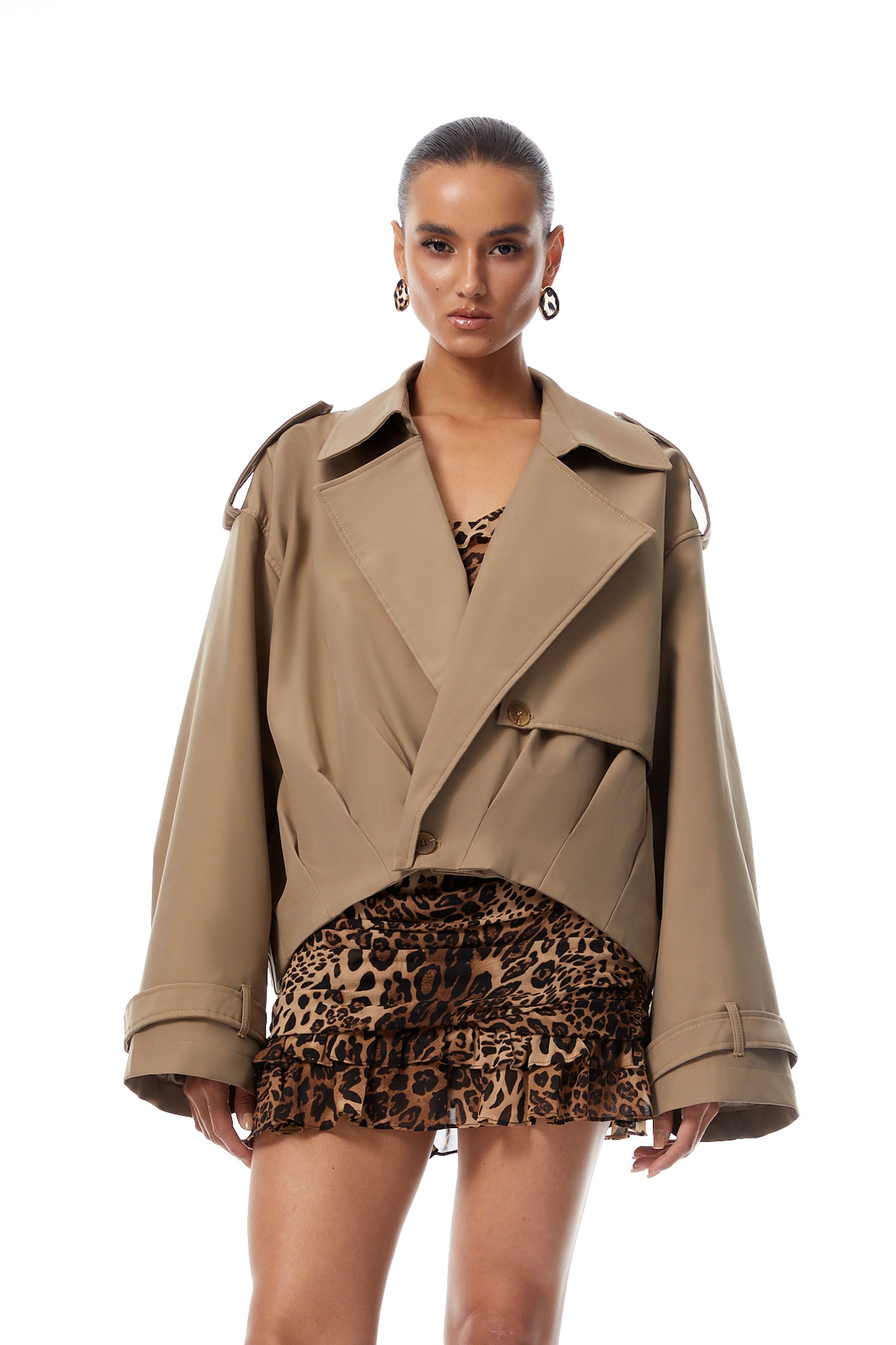 Ariane Khaki Pleated Short Trench Coat (Final Sale)