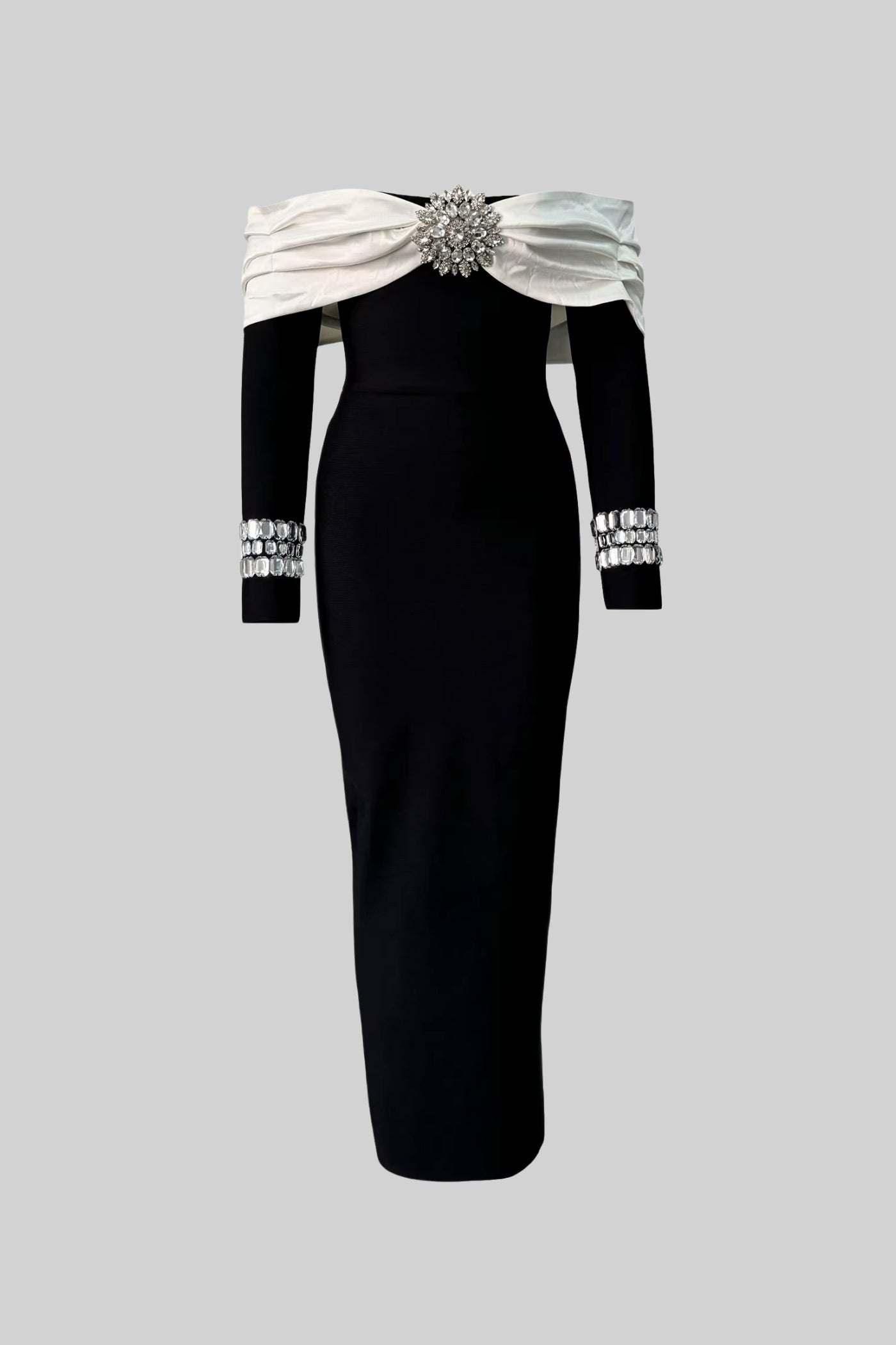 Elegant Off Shoulder Dress With Contrasting Bustier And Sparkling Embellishments - Black