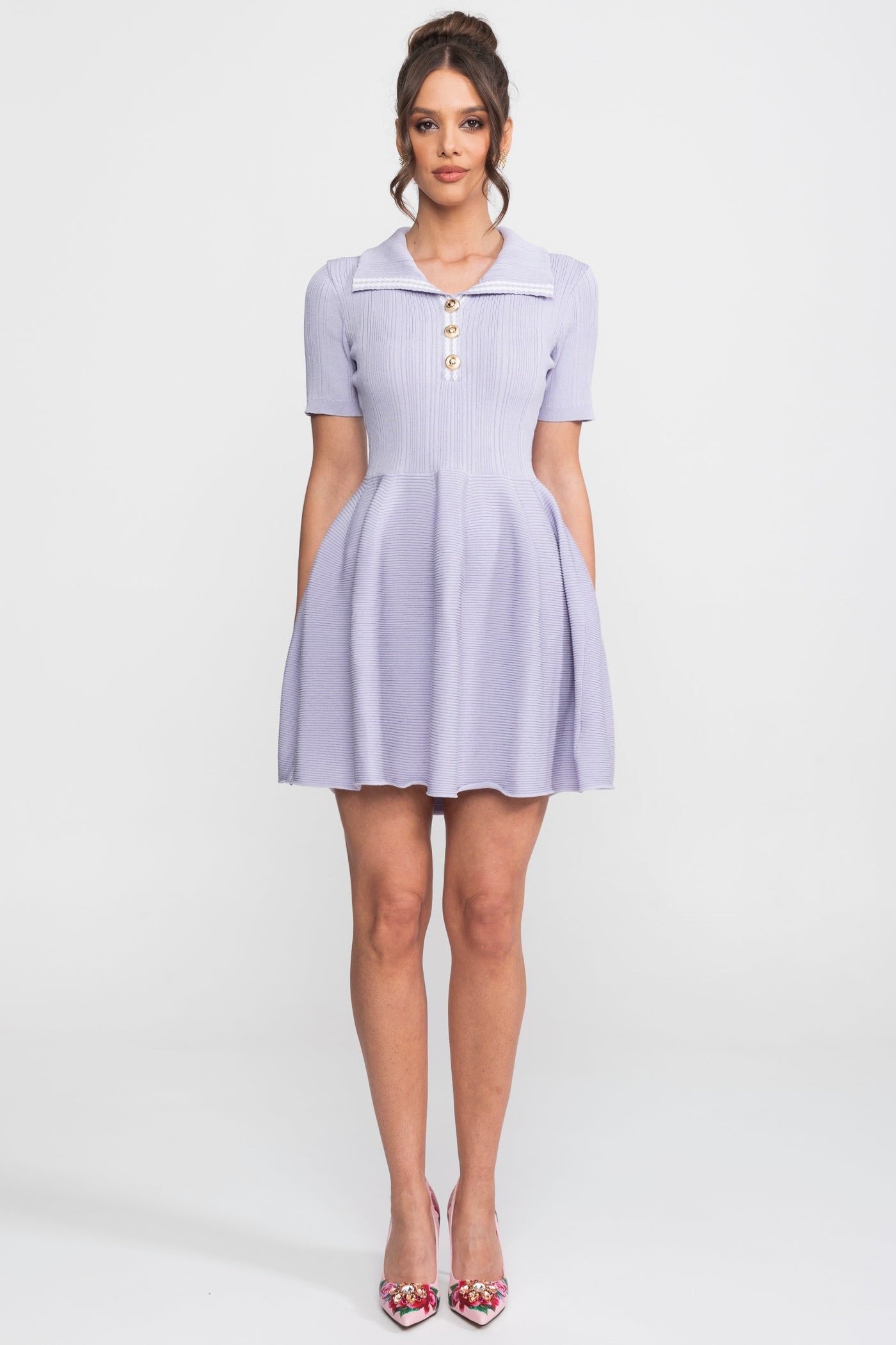 Ribbed Knit Mini Dress With Open Polo Collar And Jewel Buttons - Lilac