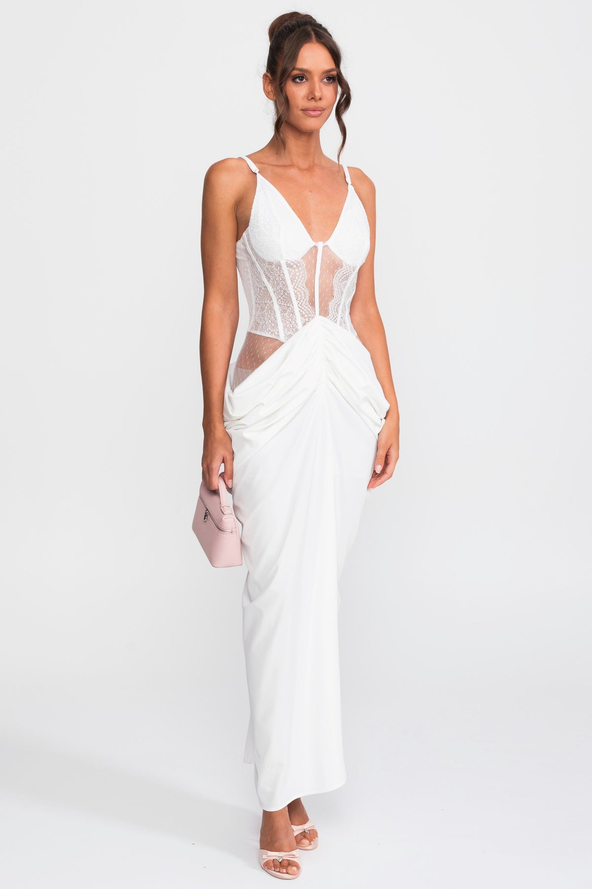 Lace Bodice Draped Gown With Spaghetti Straps - White