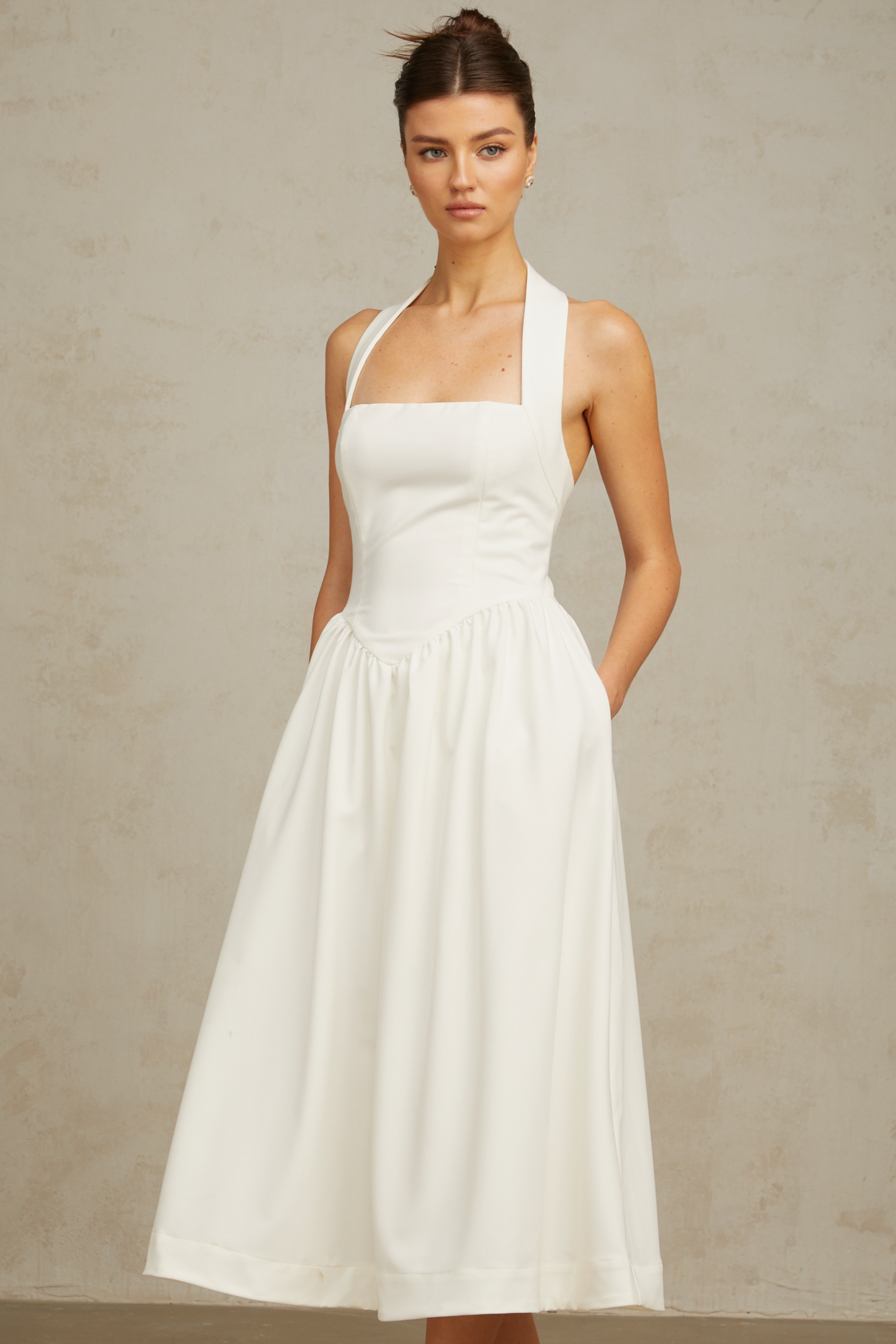 Alizée halterneck pleated midi dress in White (Final Sale-US Only)