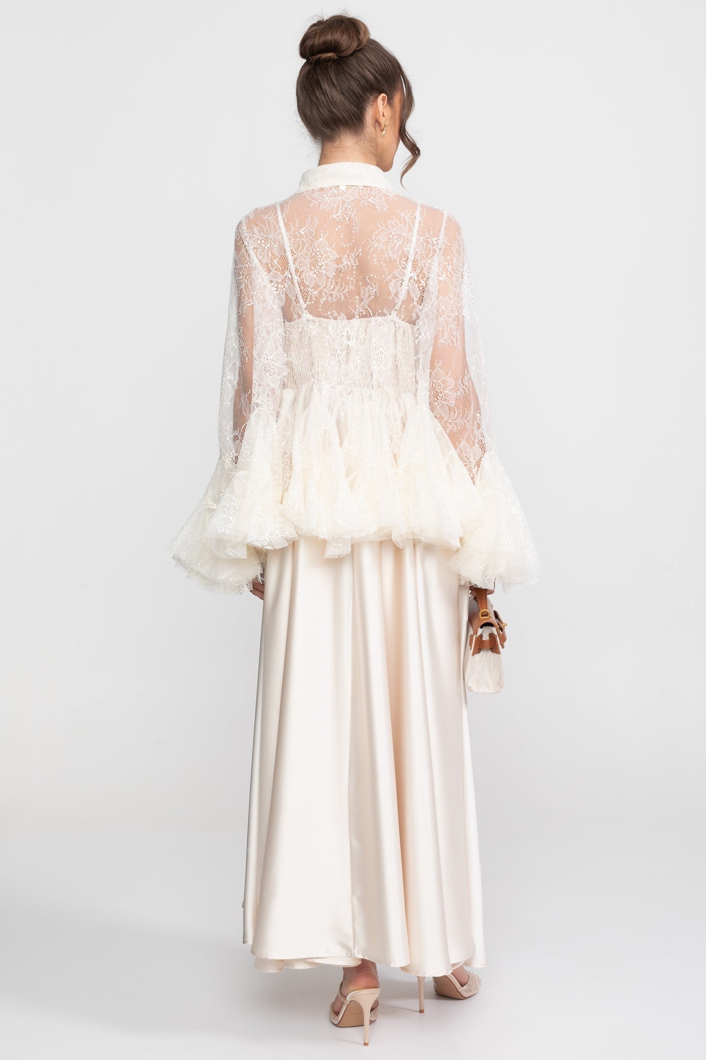 Sheer Lace Peplum Blouse With Ruffle Hem And Satin Maxi Skirt - Ivoire
