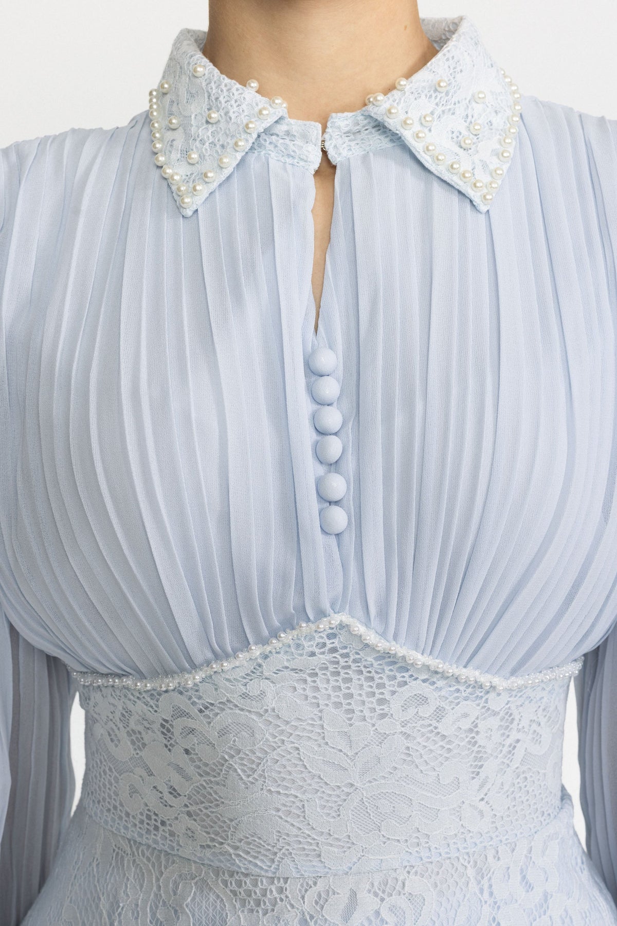Pleated Chiffon Lace Peplum Blouse and Maxi Skirt Set - Light Blue