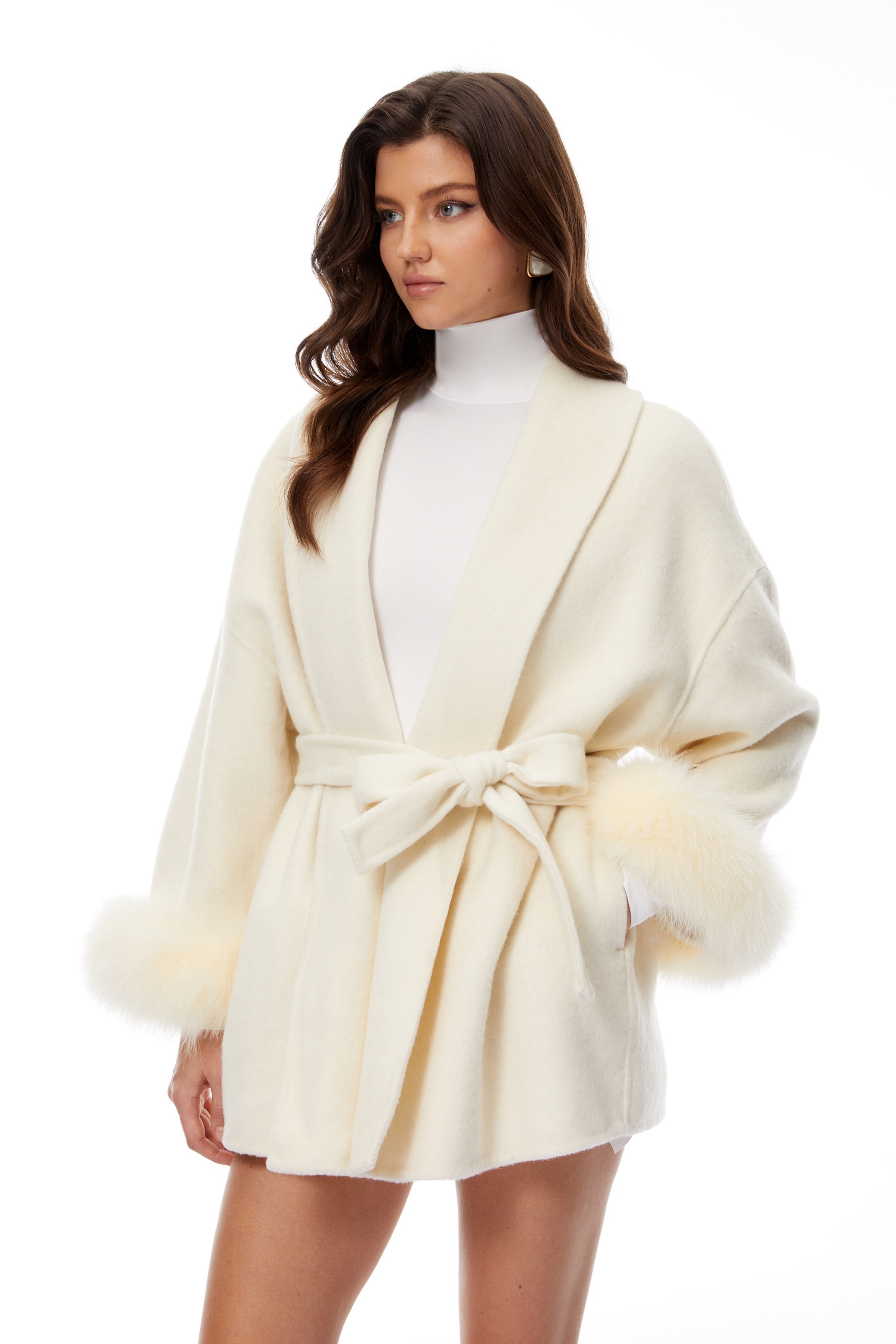 Anine Cream Fur Trim Belted Wool Coat