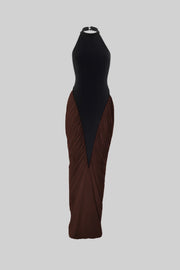 Halter Maxi Dress with  Contrasting Ruched Paneling - Black/Brown