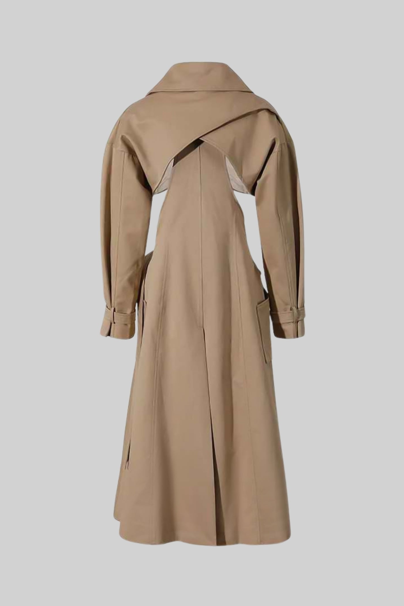 Cutout Trench Coat with Belted Waist and Utility Pockets - Beige