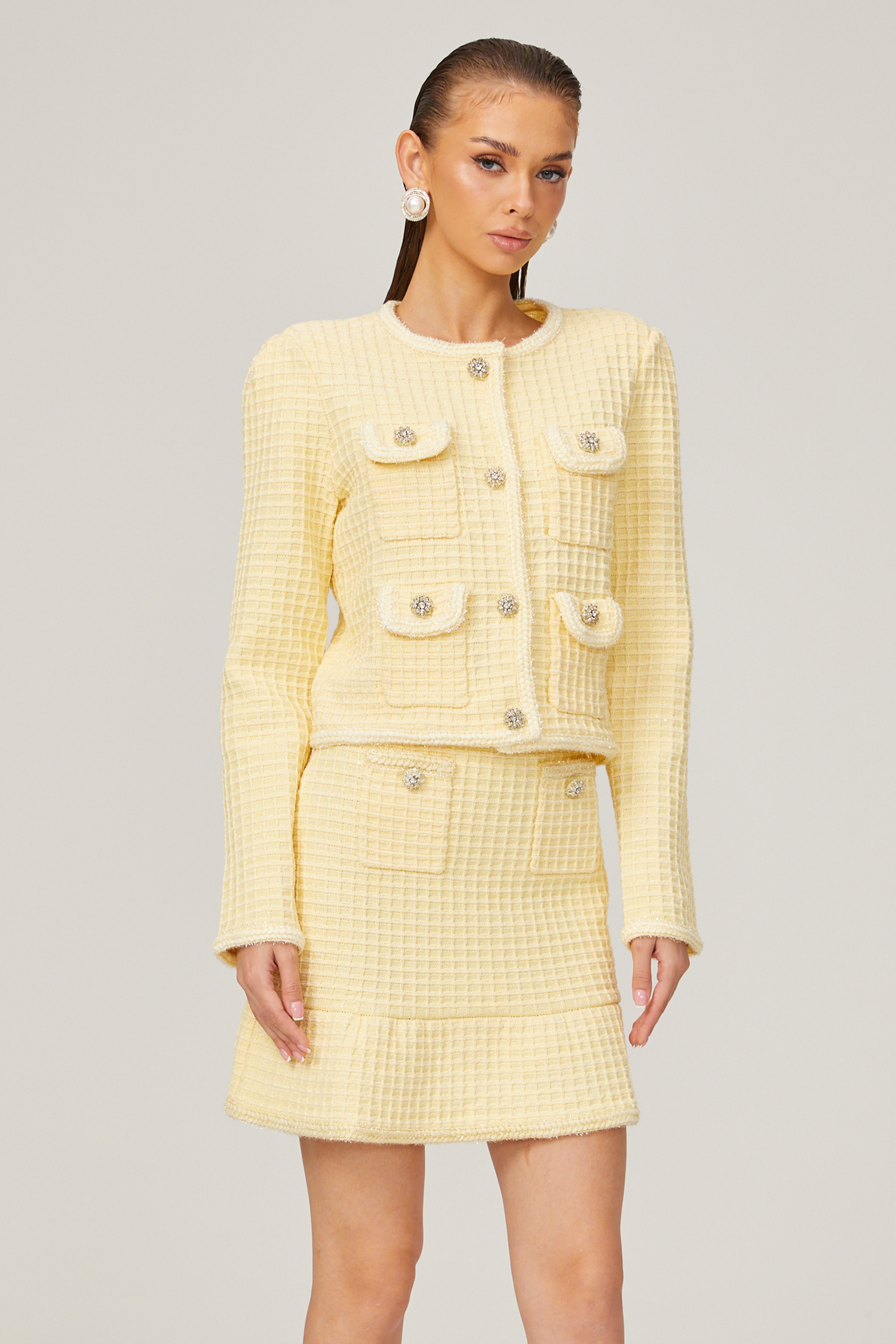 Fabienne yellow waffle-knit jacket & skirt matching set (Final Sale)