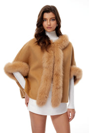 Everleigh Light Brown Fur Panel Wool Cape Coat