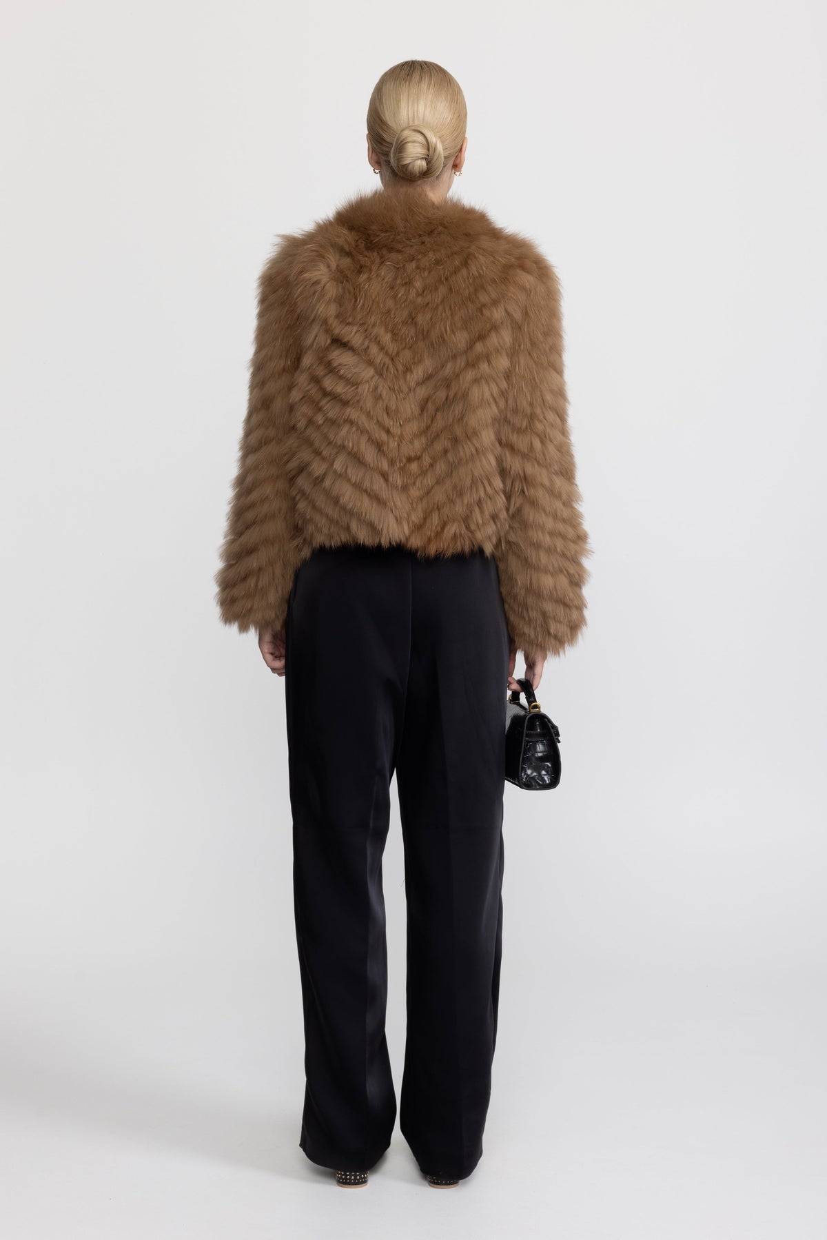Chevron Fox Fur Cropped Tie Jacket - Camel
