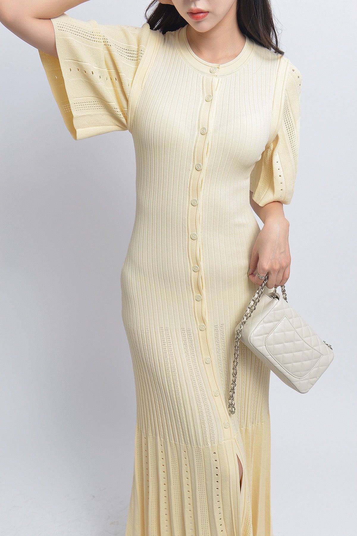 Sandro Fine-knit midi dress with openwork design yellow/beige