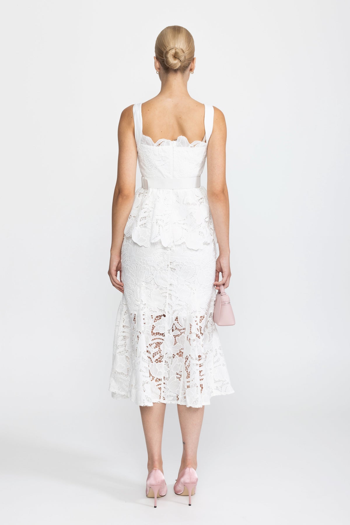 Guipure Lace Peplum Midi Dress - White