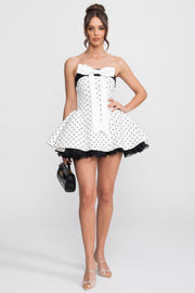 Strapless Velvet Mini Dress With Satin Bow And Ruffle Hem - White