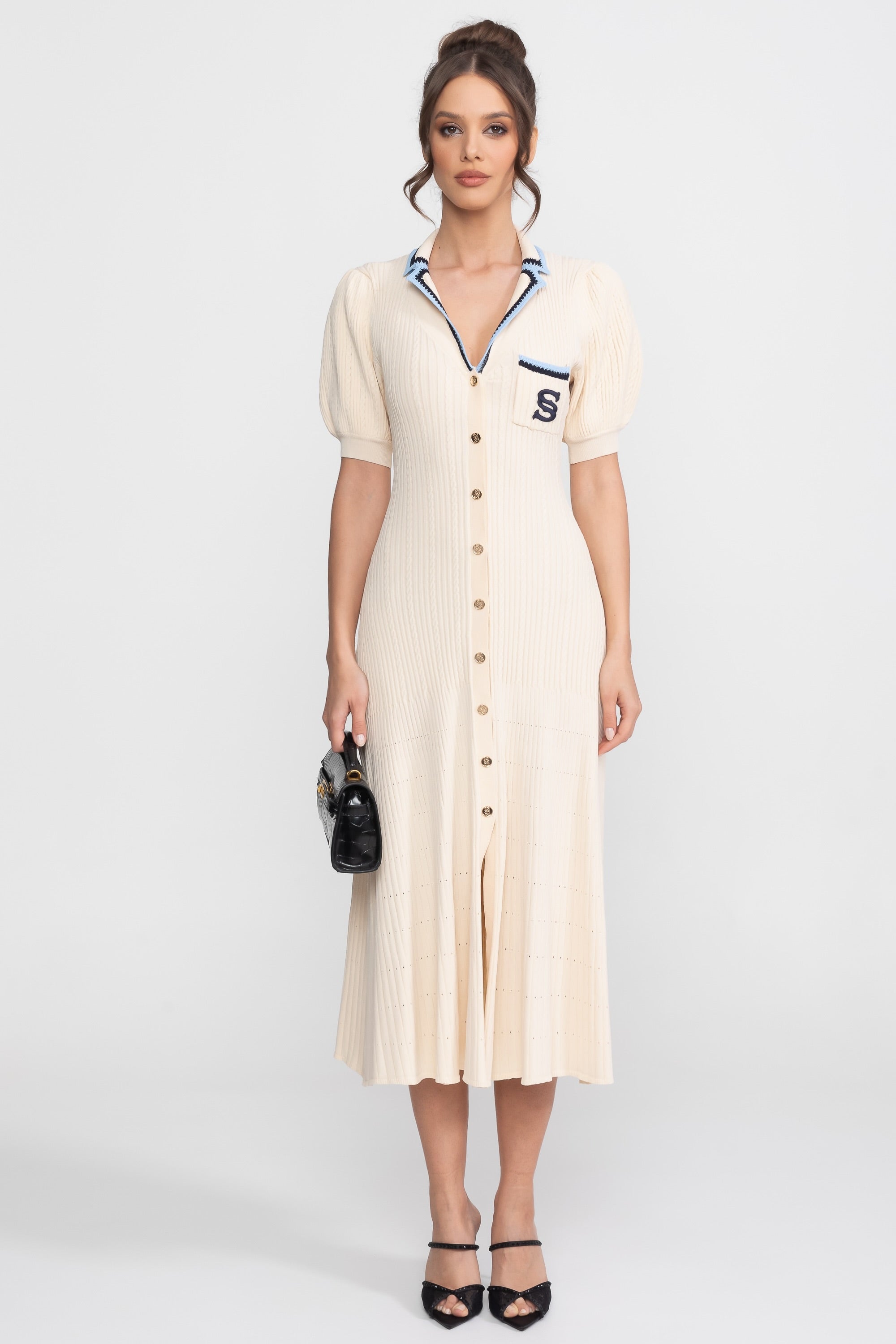 Short Sleeve Knit Midi Dress With Polo Collar And Monogram Patch - Cream