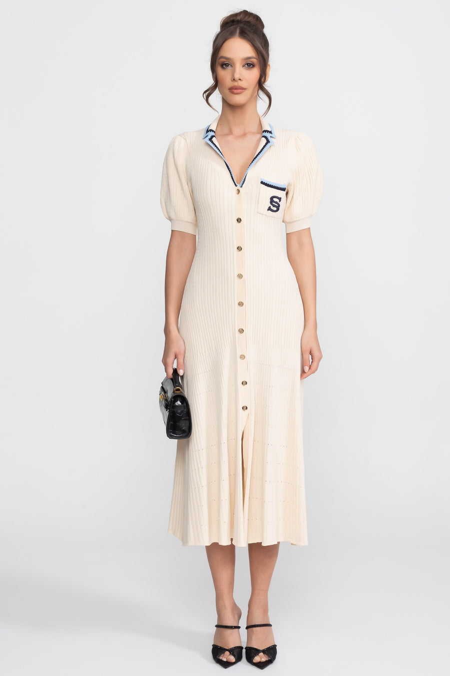 Viviane Cream Short Sleeve Knit Midi Dress With Polo Collar And Monogram Patch