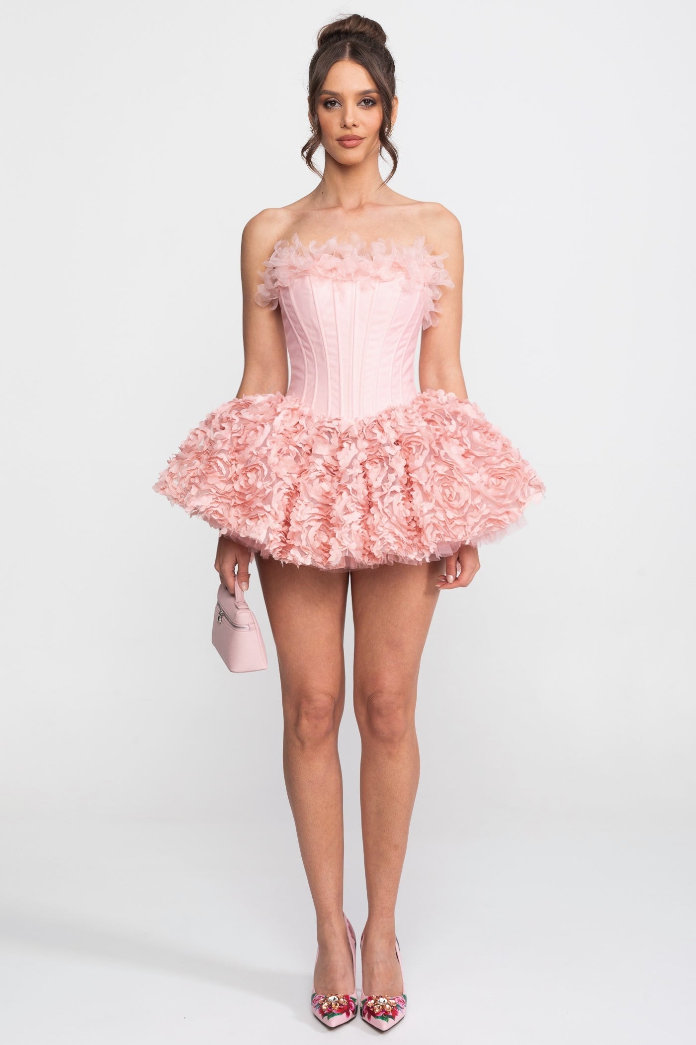 Strapless Corset Mini Dress With 3D Rose Appliqué Skirt - Pink