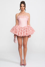 Strapless Corset Mini Dress With 3D Rose Appliqué Skirt - Pink