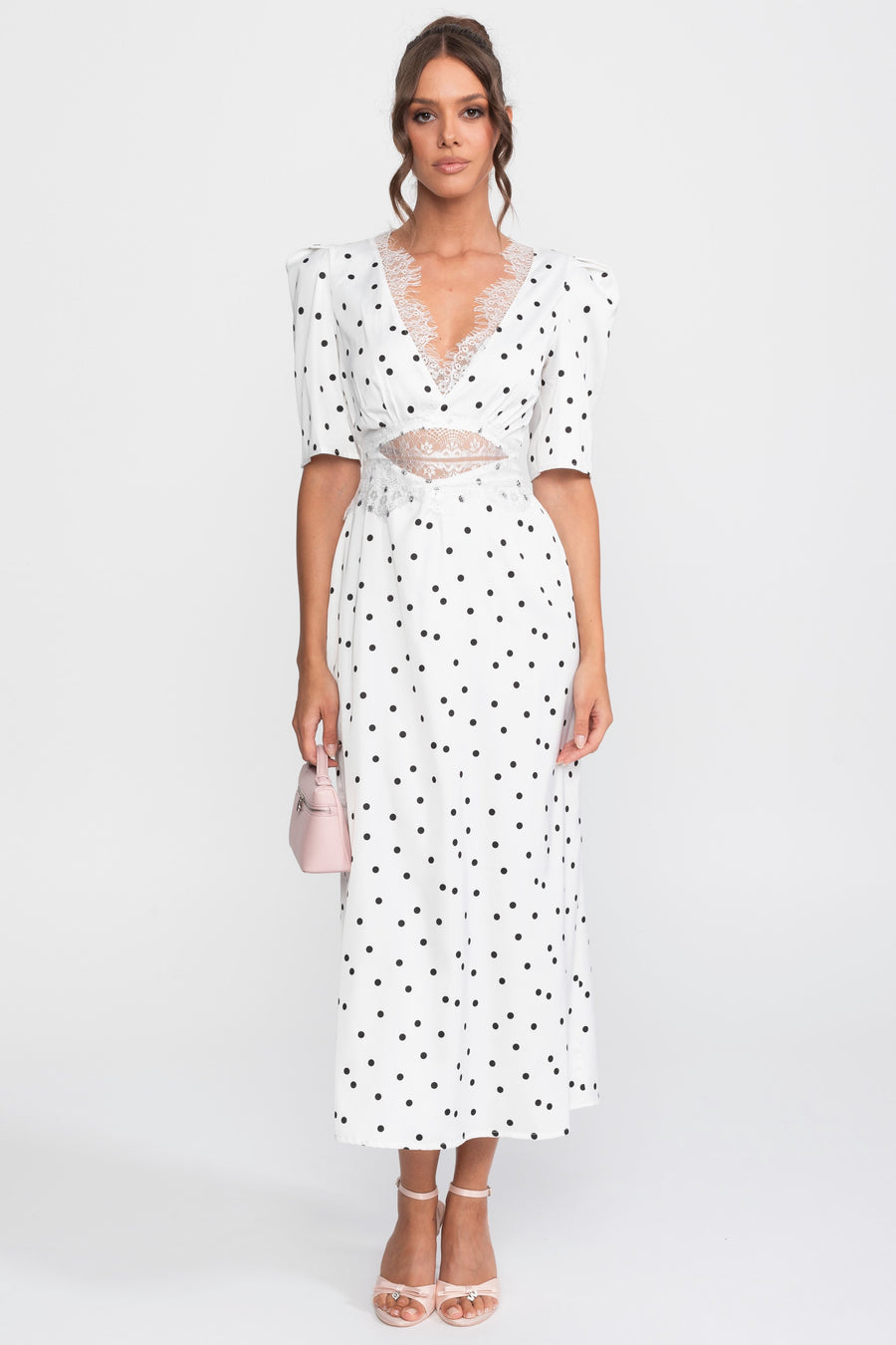 Lace-Trim Polka Dot Midi Dress With Puff Sleeves - White