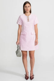 Sequin Mini Dress with Crystal Bow Accents - Pink