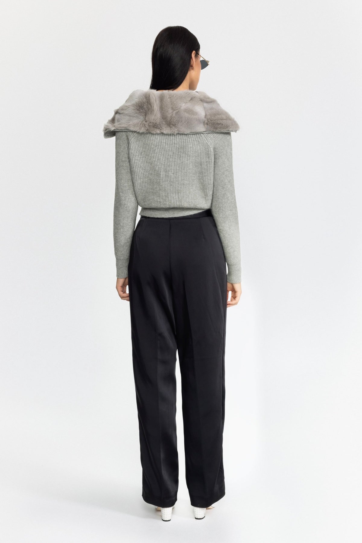 Rabbit Fur Panel Knit Zip Cardigan - Grey