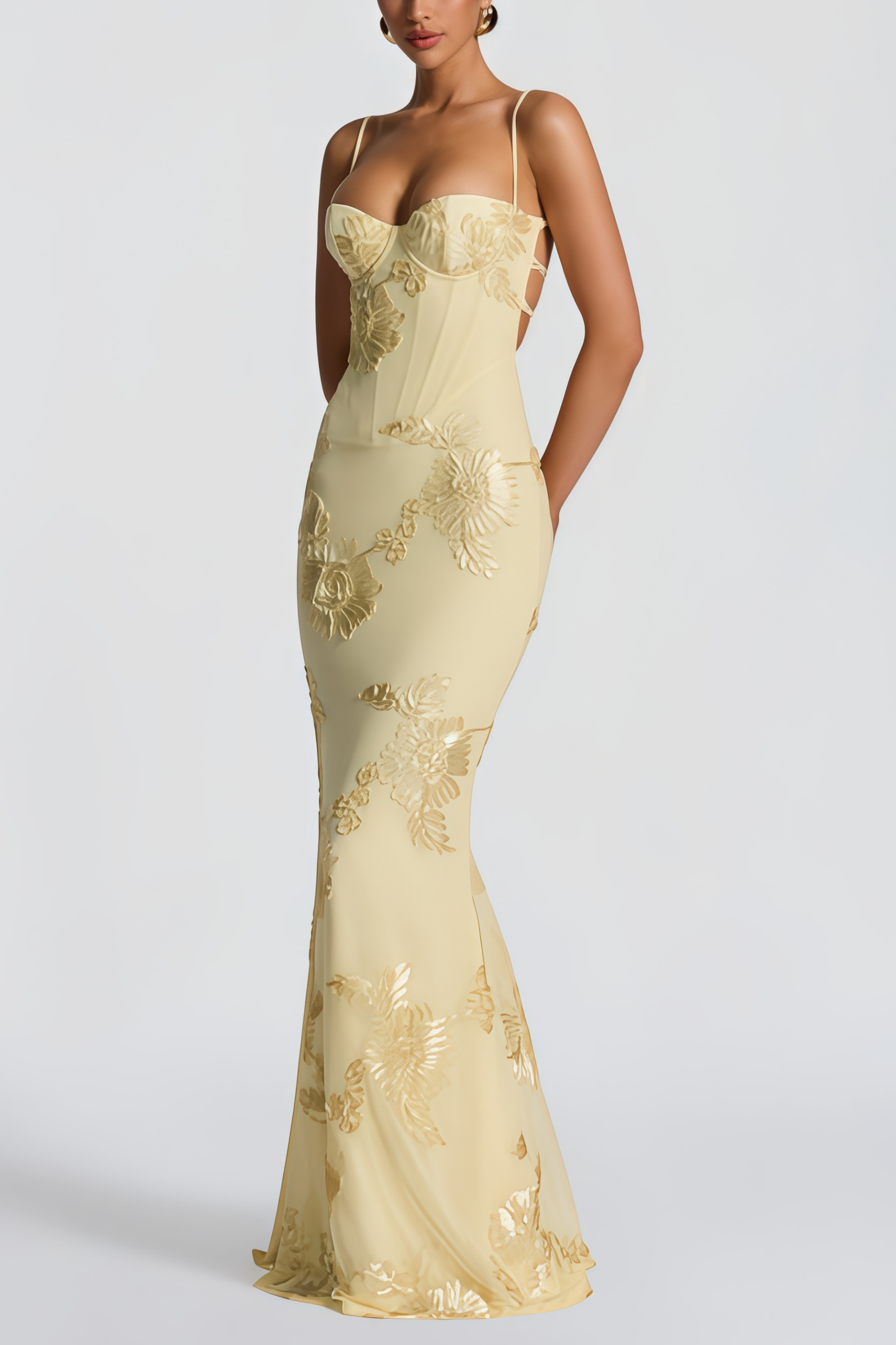 Théoline Yellow Floral Appliqué Corset Maxi Dress (Final Sale-US Only)