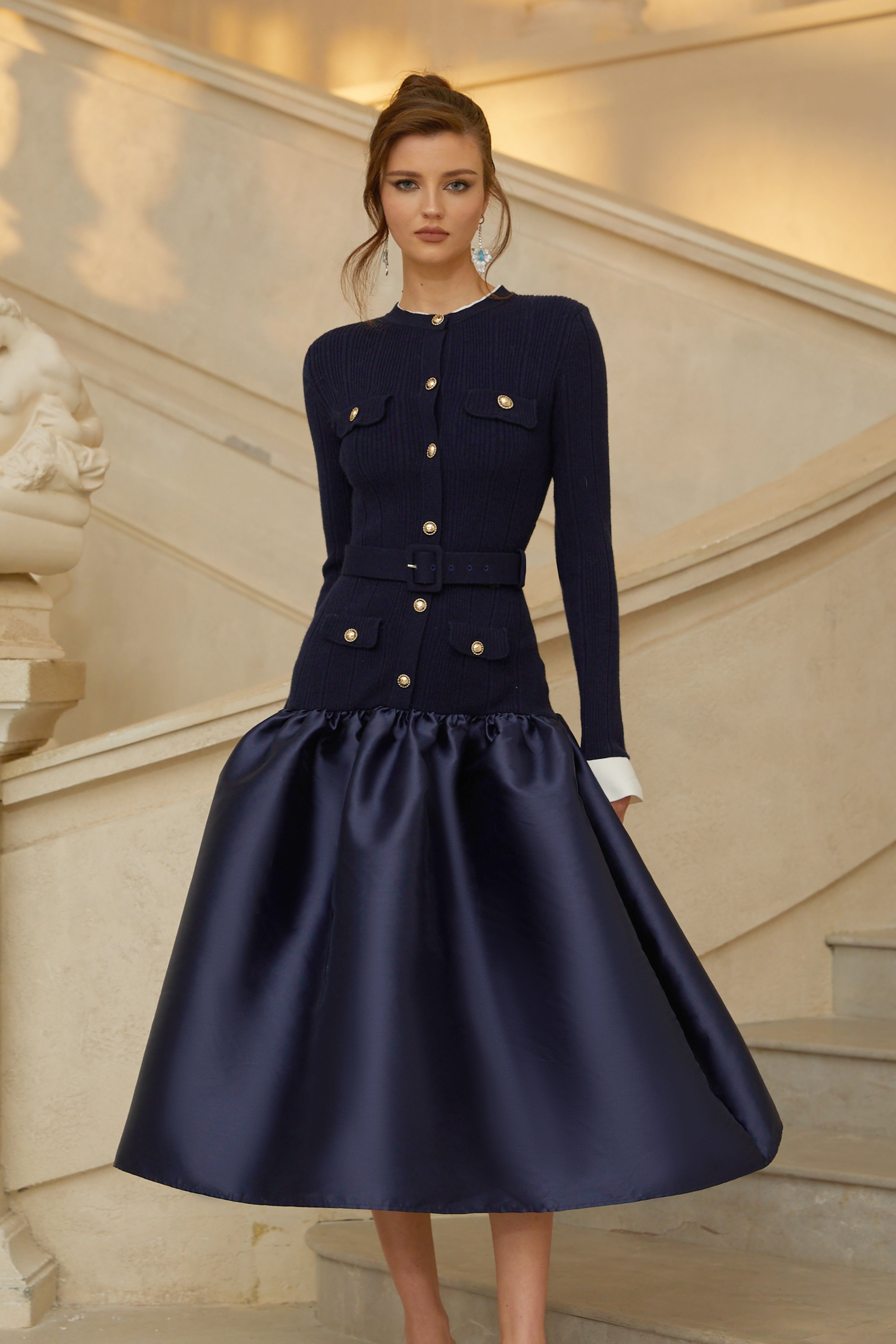 Fern Navy Blue Satin Panel Knit Midi Dress