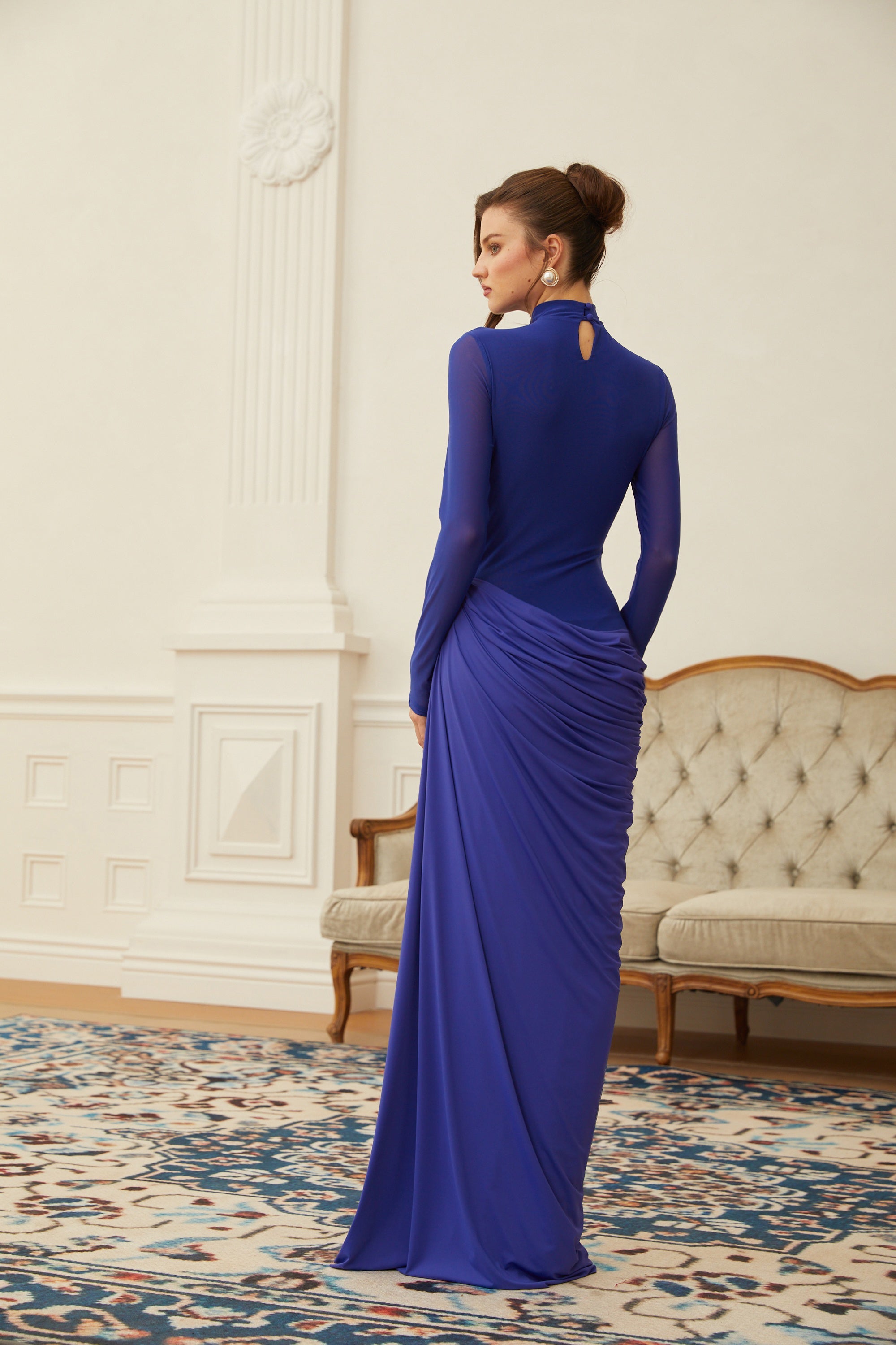 Éva Blue Draped Gathered Maxi Dress