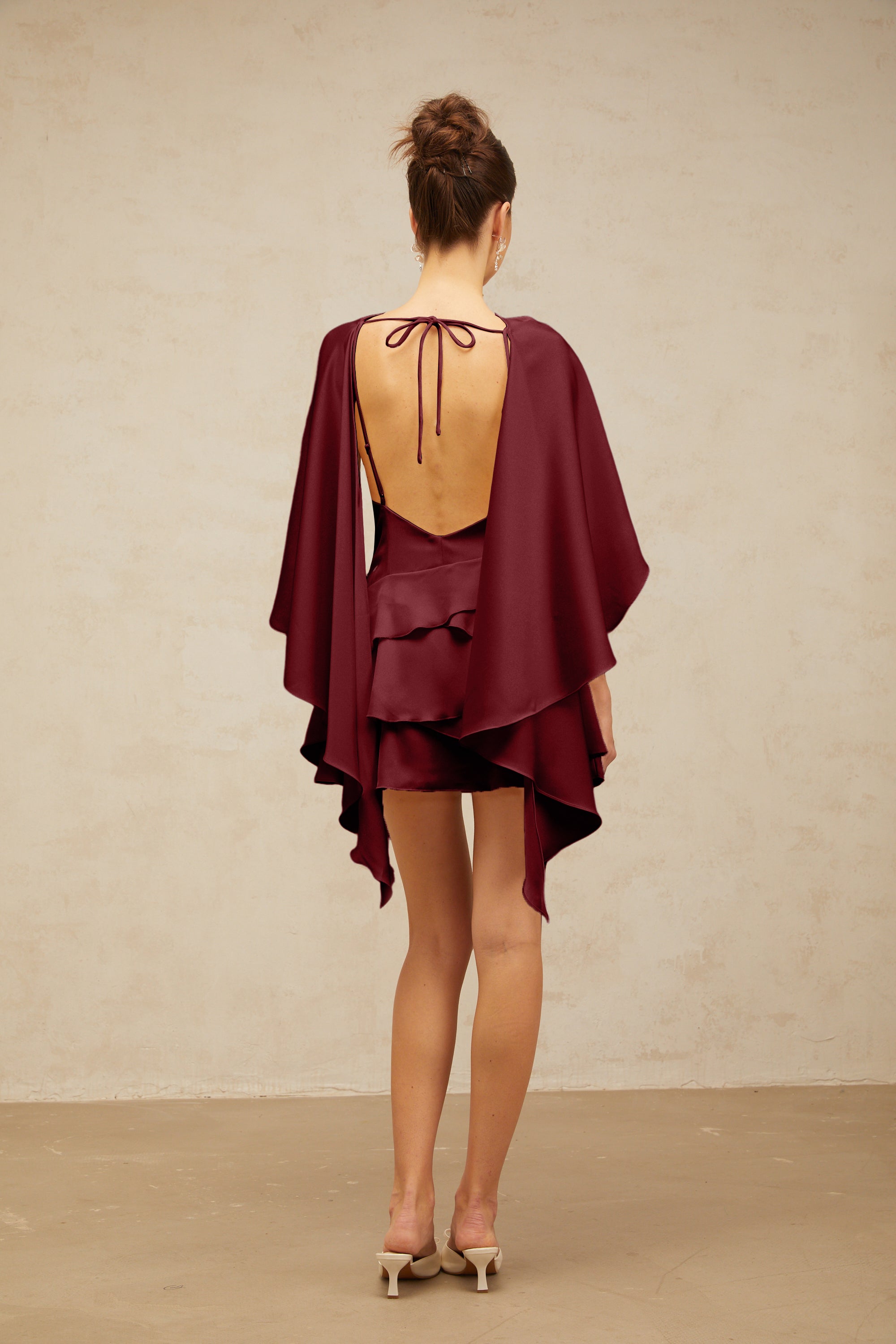 Lyna shawl-panel ruffled satin mini dress in Red