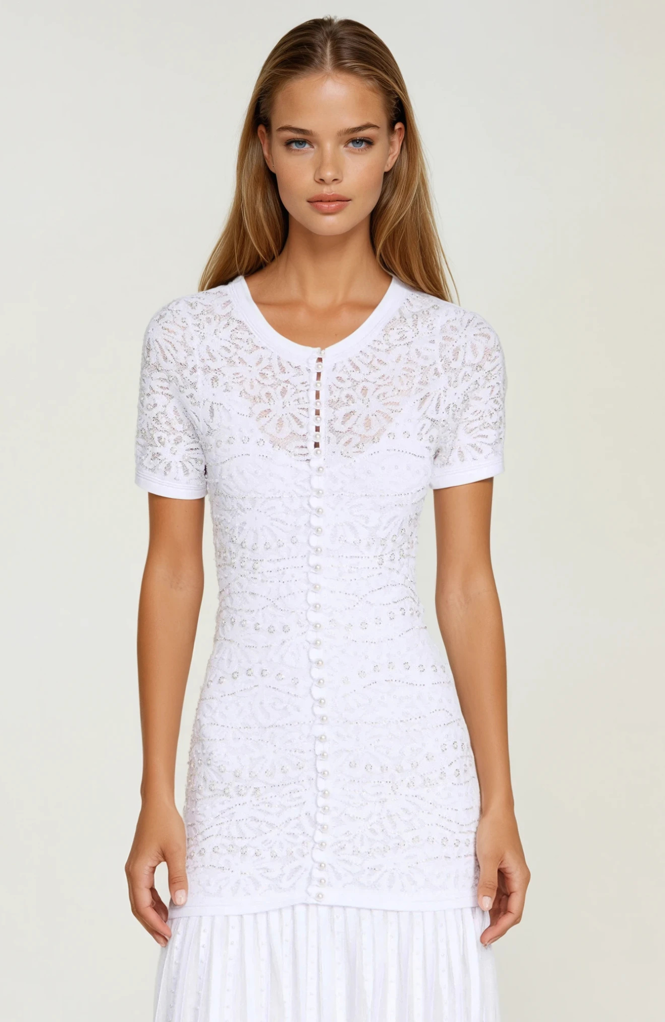 Sandro Celeste Embellished Knit Maxi Dress with Cropped Pearled Cardigan - Pearl White