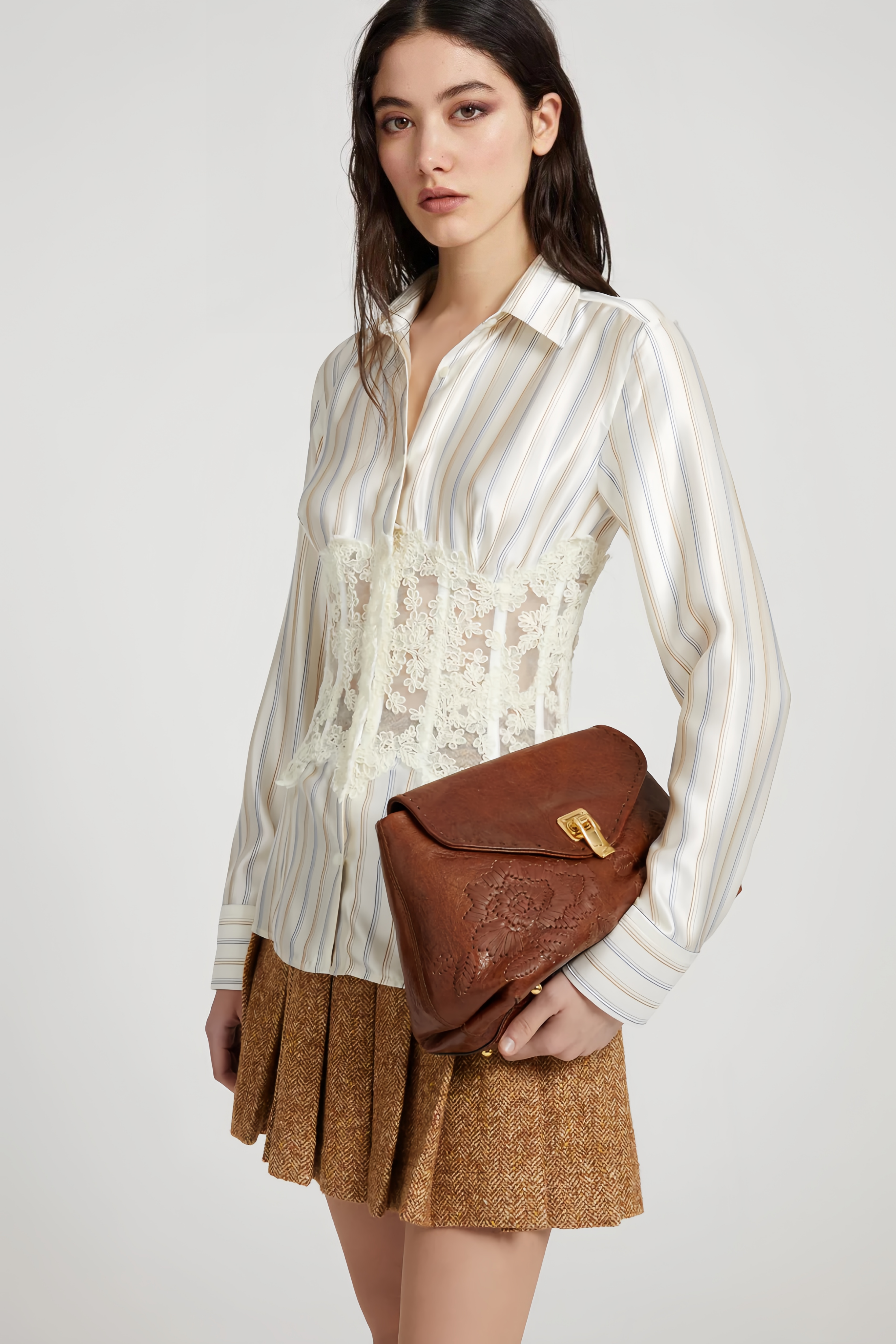 Wren White Lace Corset Panel Striped Button-Up Shirt
