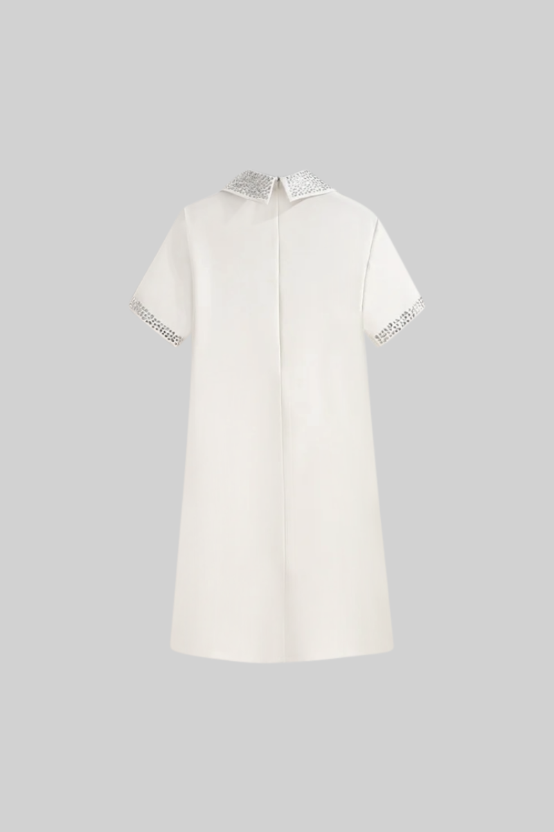 ISLA Short Sleeve Classic Mini Dress with Jewel Collar - White