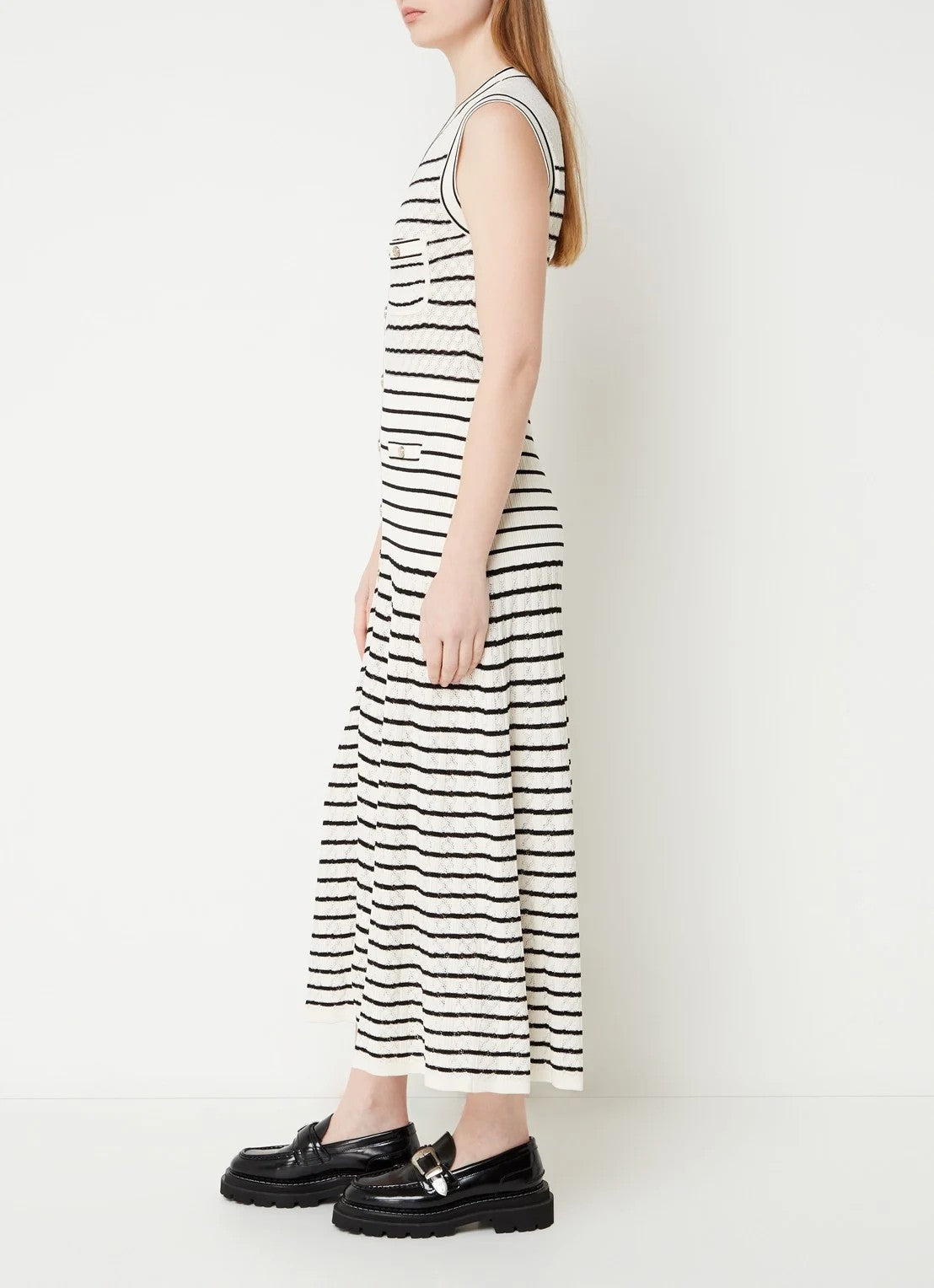 Sandro Fine knit maxi blouse dress with stripe print and patch pockets - White