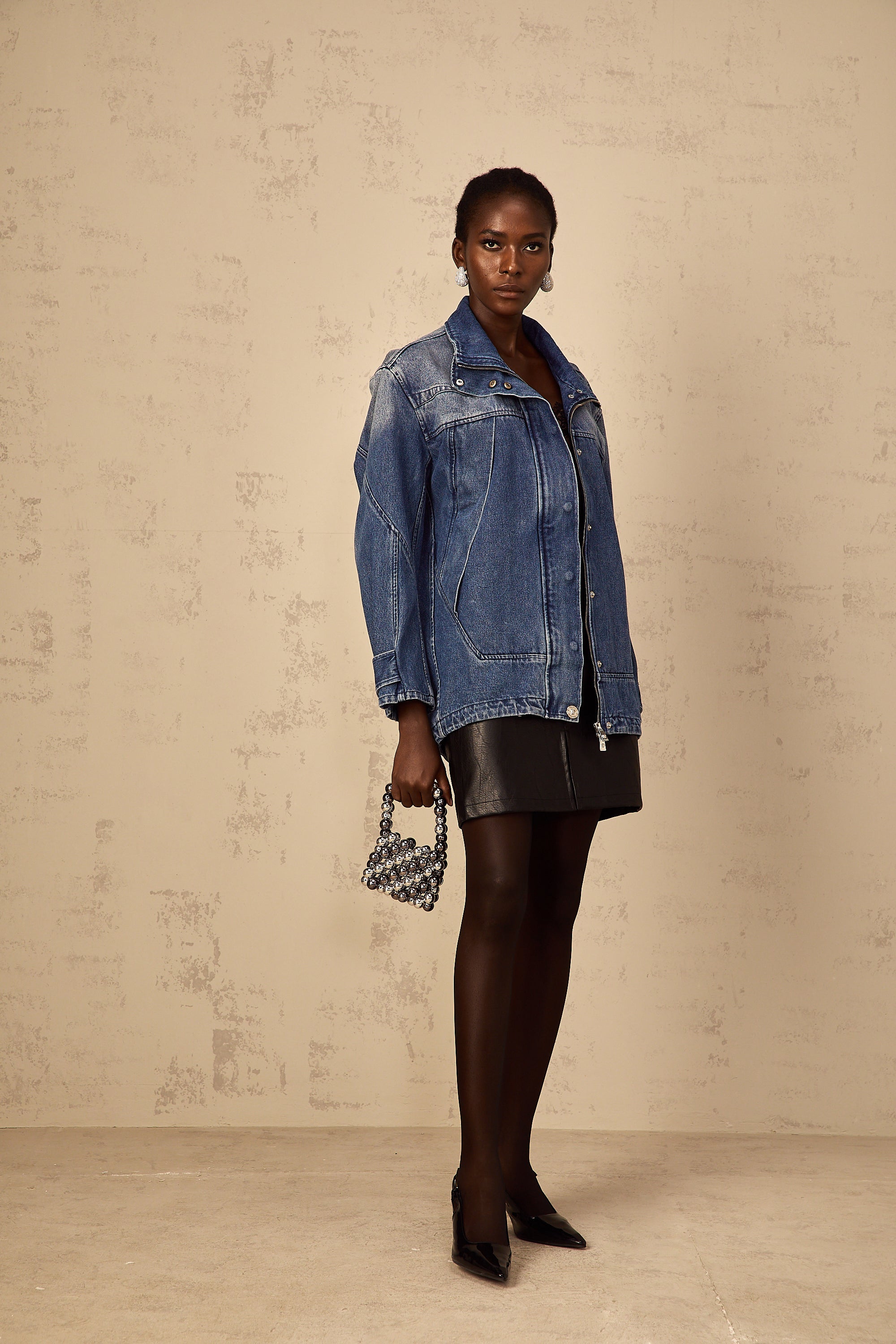 Géraldine blue patchwork loose-fit denim jacket