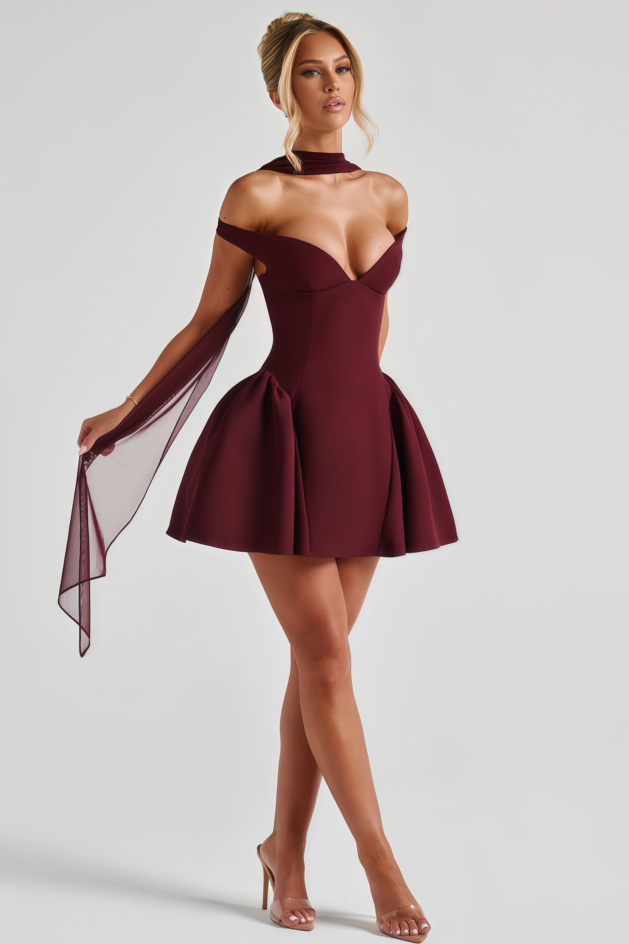 Ifig Burgundy V-neck Corset Mini Dress