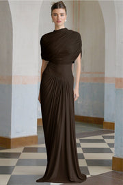 Catherine asymmetrical pleated maxi dress in Brown