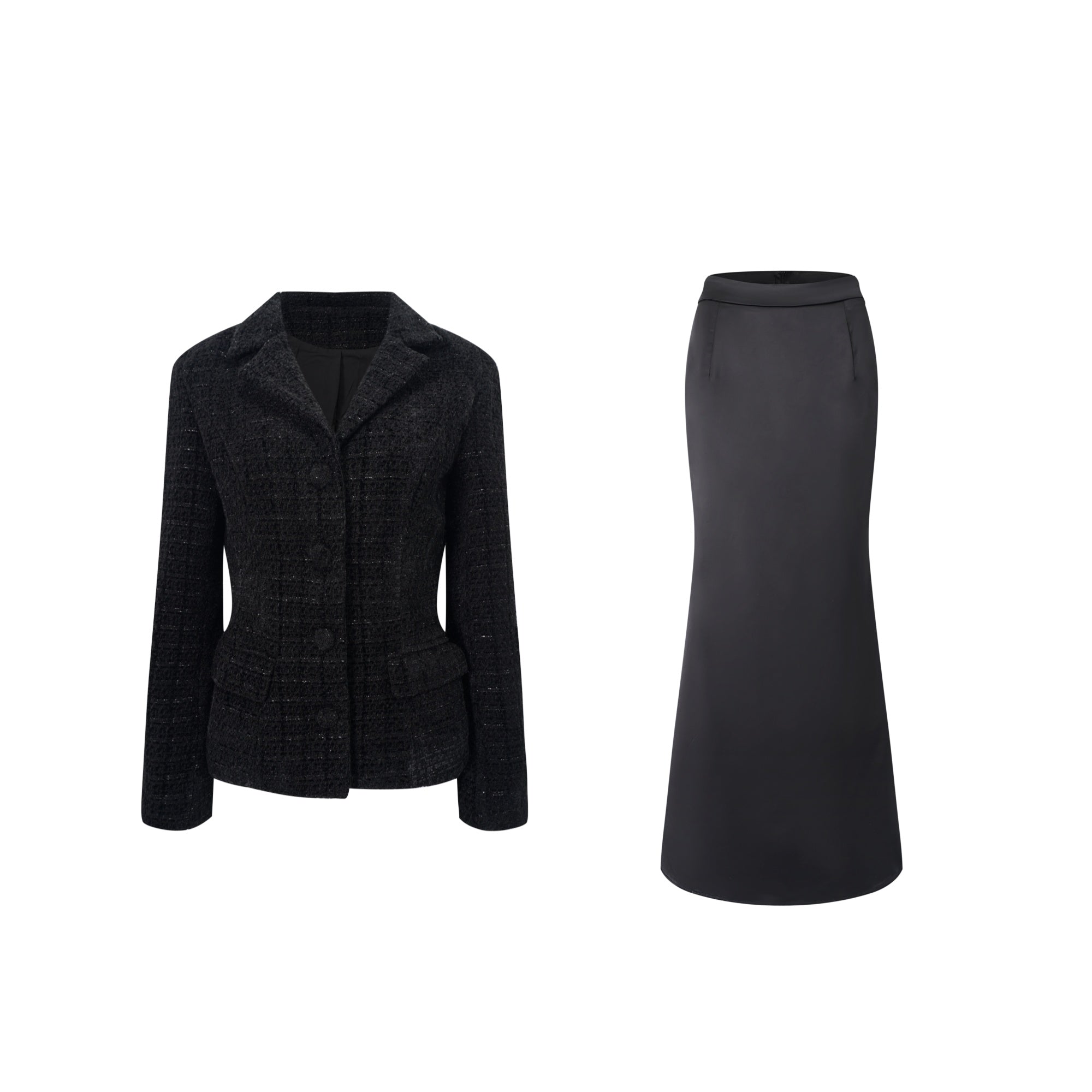 Ariadna Black Tweed Jacket & Satin Skirt Set (Final Sale-US Only)